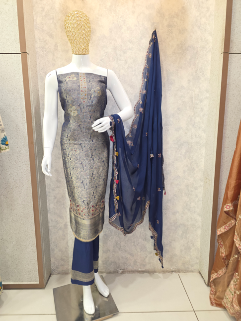 Navy Blue Floral Unstitched Party Wear Suit