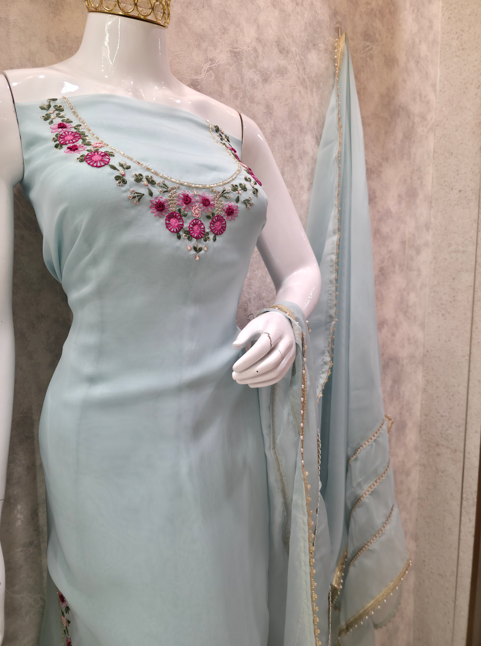 Sky Blue Embroidered Unstitched Party Wear Suit
