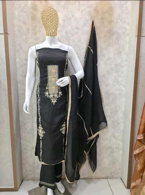 Black Embroidered Unstitched Party Wear Suit