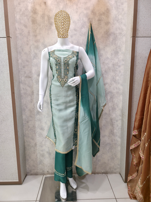 Sea Green Embroidered Unstitched Party Wear Suit