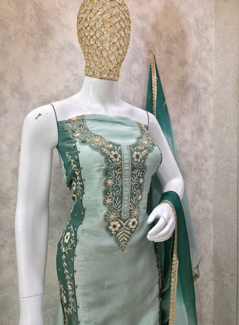 Sea Green Embroidered Unstitched Party Wear Suit