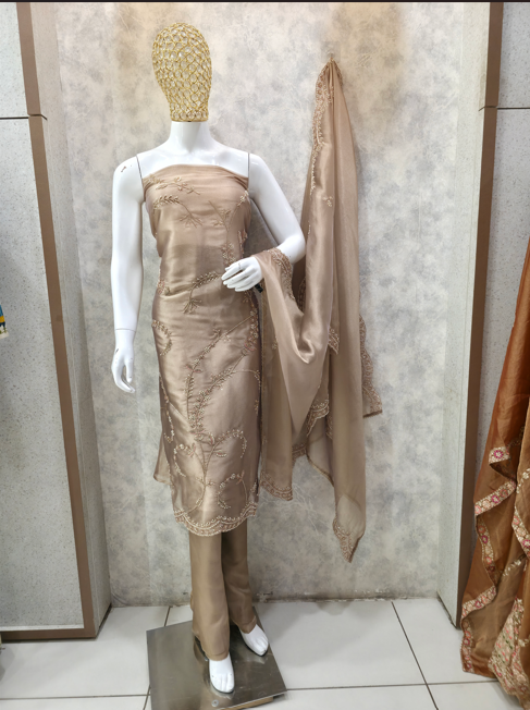 Champagne Beige Embroidered Unstitched Party Wear Suit