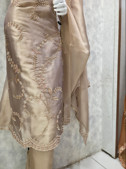 Champagne Beige Embroidered Unstitched Party Wear Suit