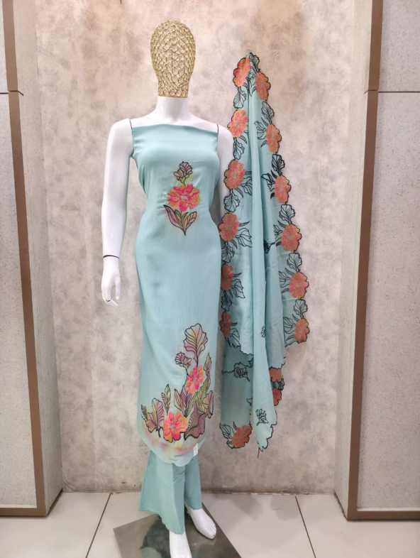 MUSLIN THREAD WORK SPRAY PAINT UNSTITCHED SUIT