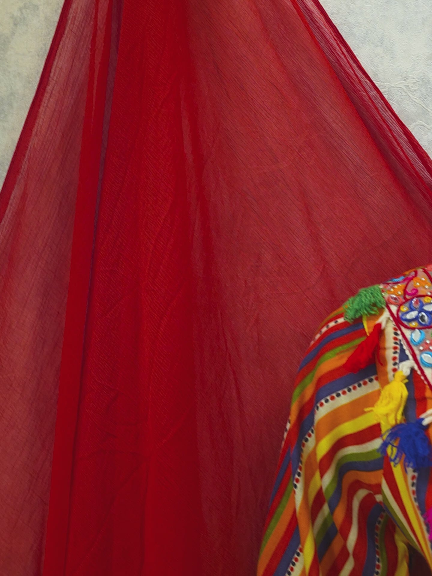 RED STRIPE AND MIRROR WORK FARSHI SALWAR SUIT