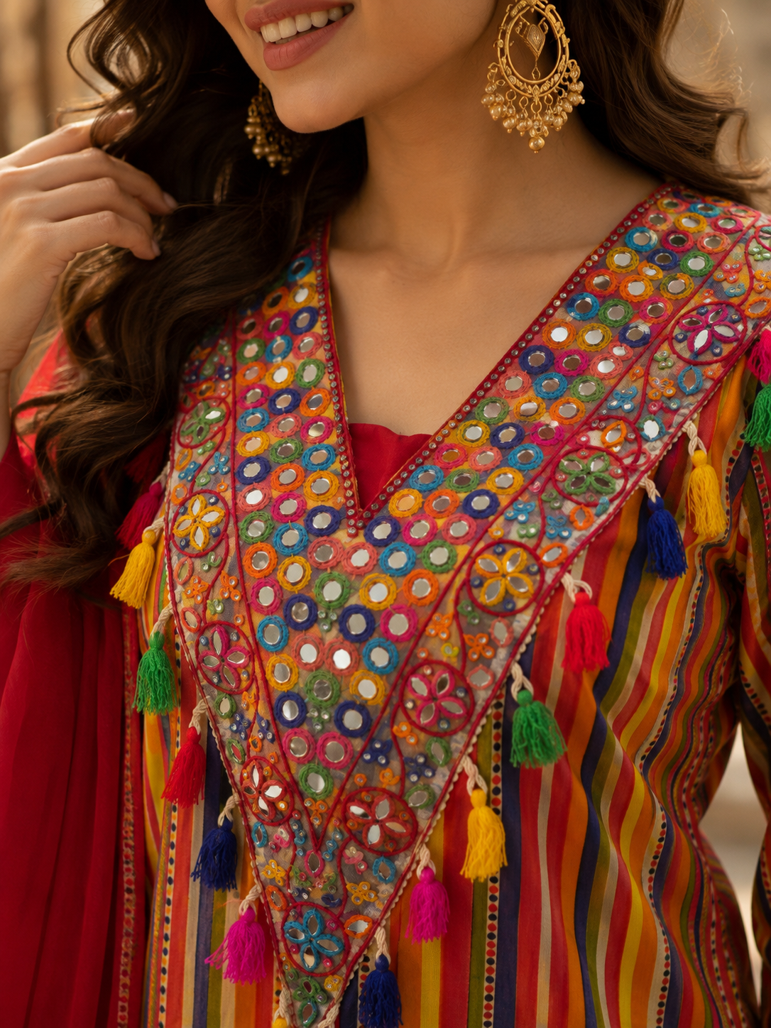 RED STRIPE AND MIRROR WORK FARSHI SALWAR SUIT