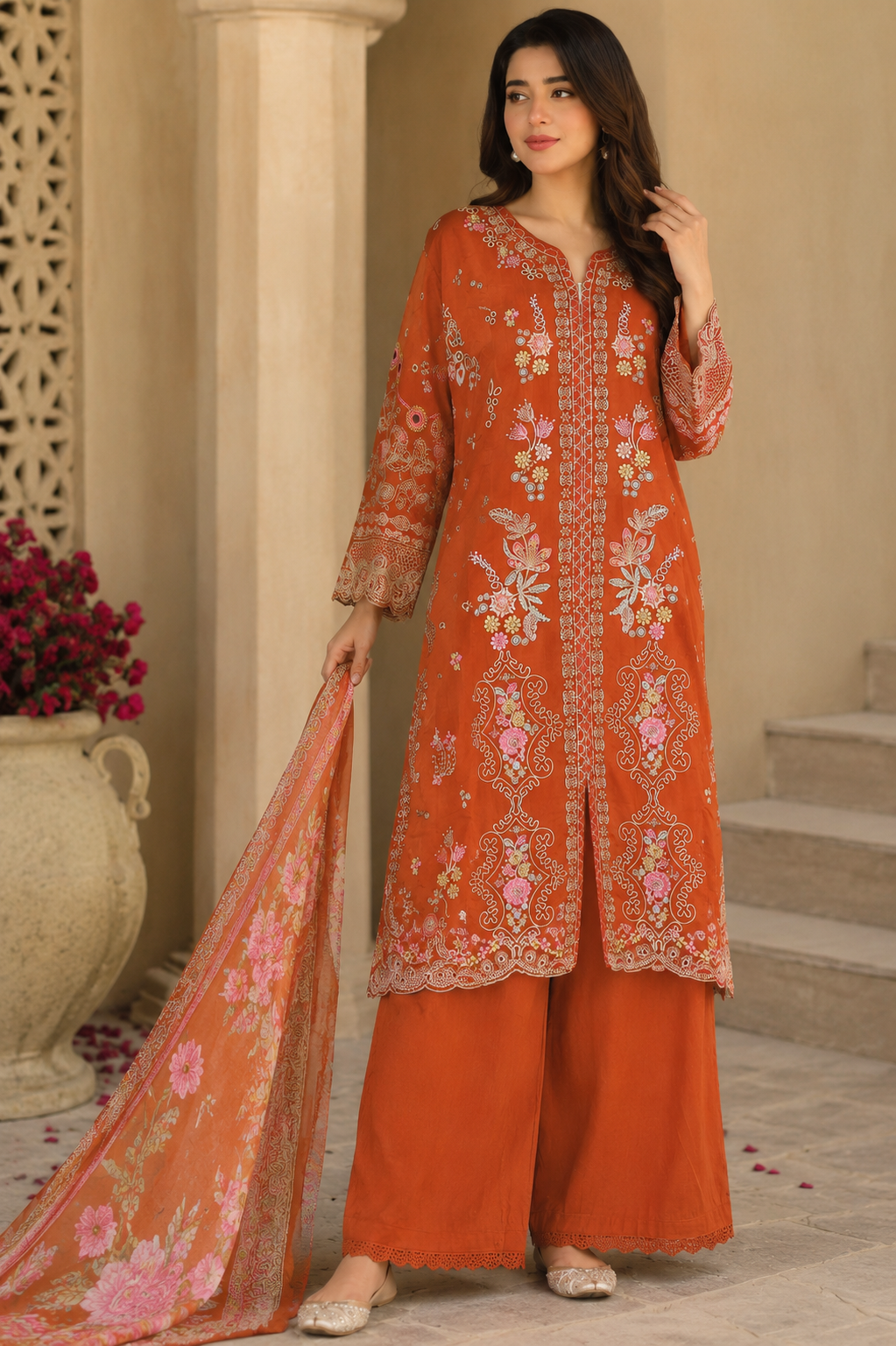 RUST HEAVY THREAD WORK PARTYWEAR PLAZZO SUIT
