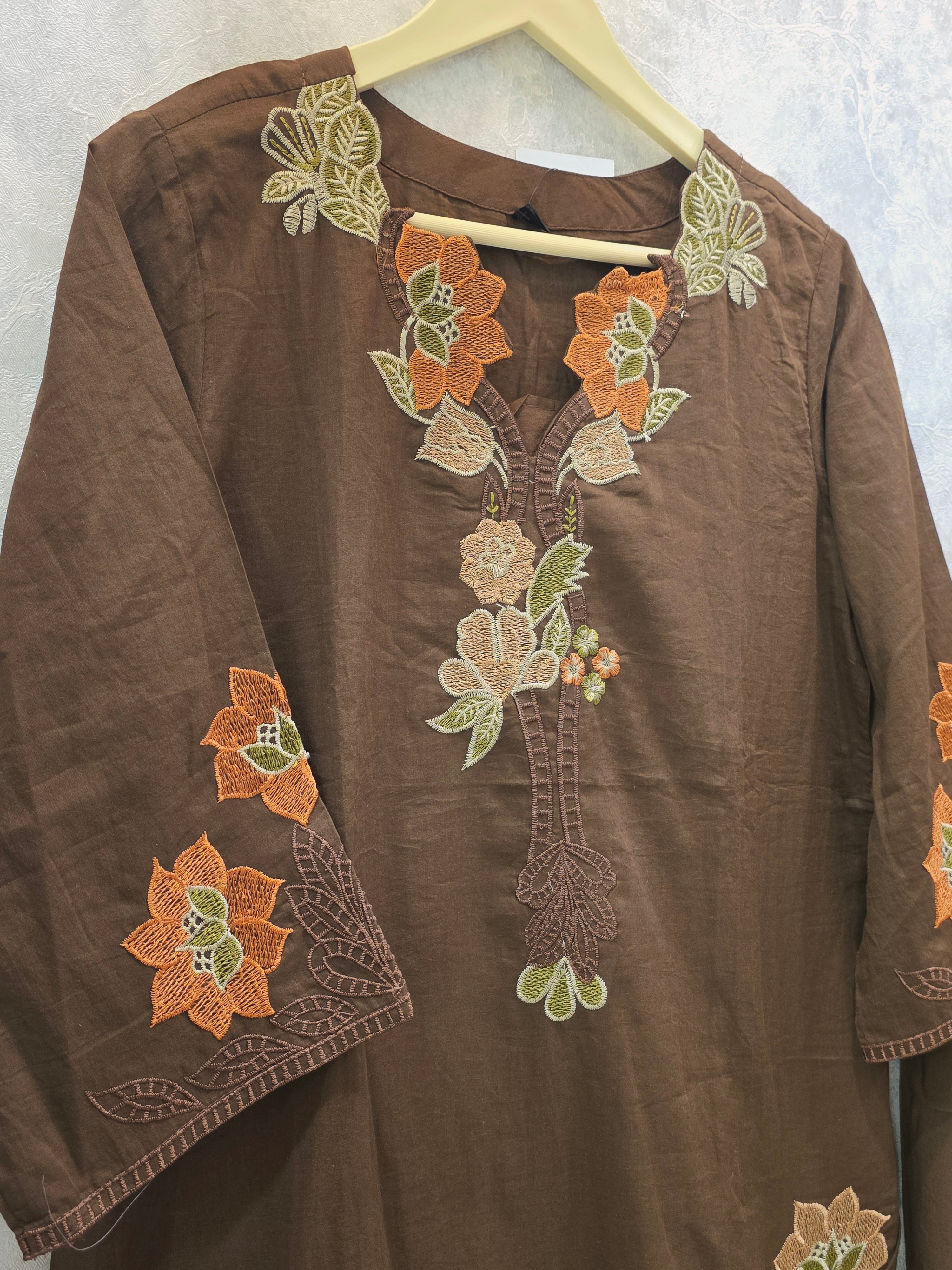 BROWN CUTWORK COTTON PLAZZO SUIT