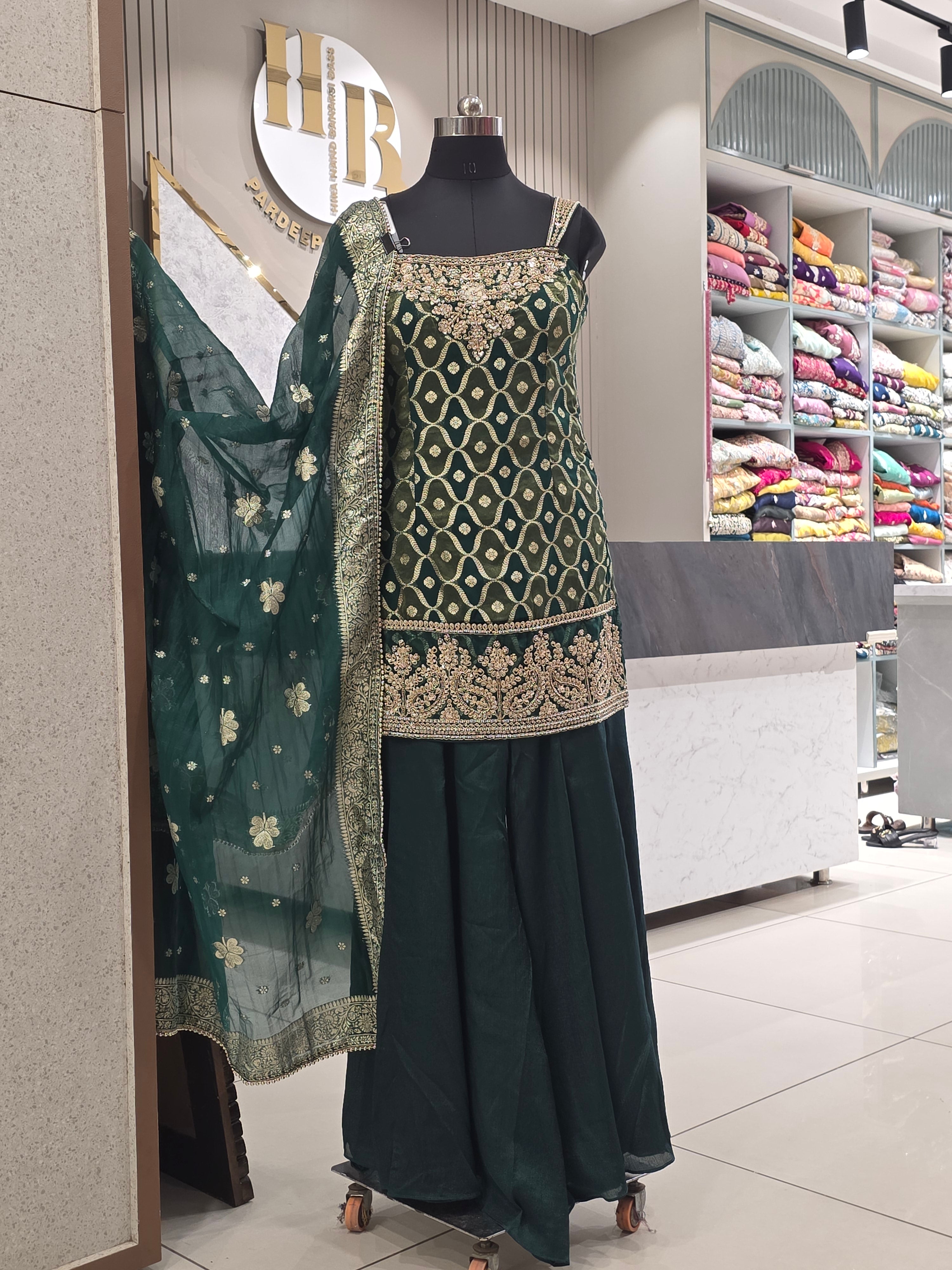 GREEN BANARASI PARTYWEAR JAFA SET