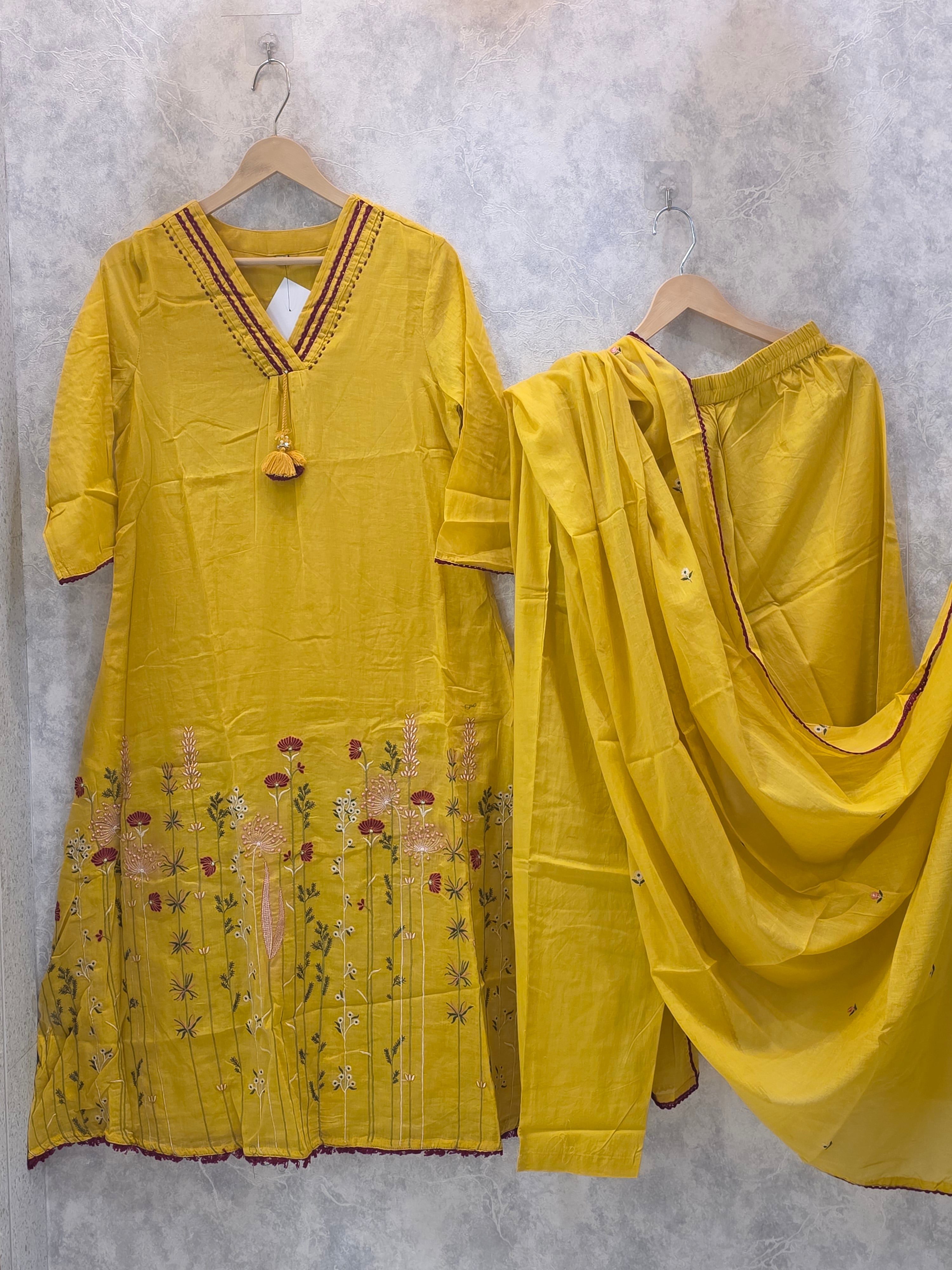 YELLOW V-NECK MUL COTTON A-LINE PLAZZO SUIT