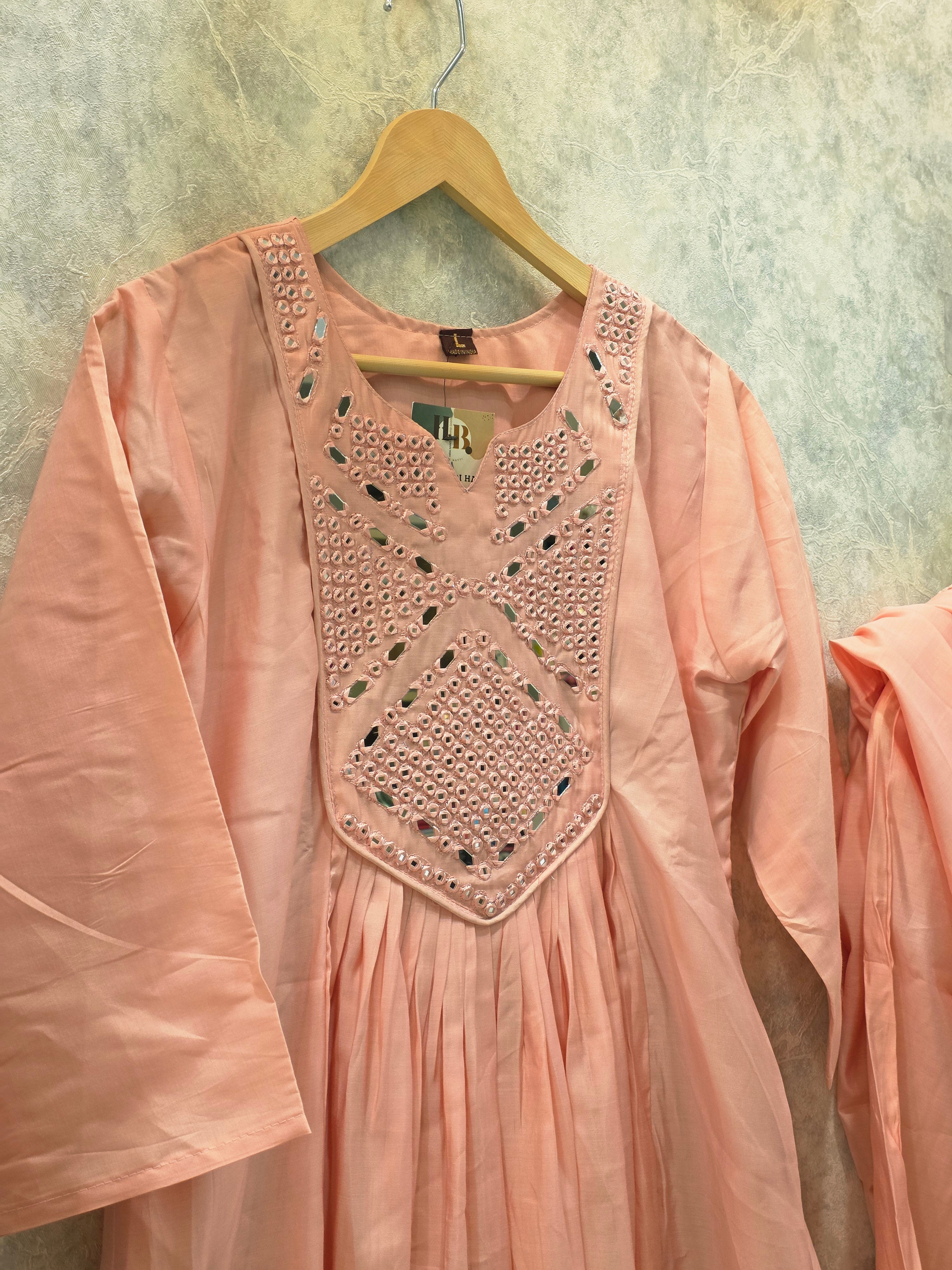PINK MIRROR WORK FROCK PLAZZO SUIT