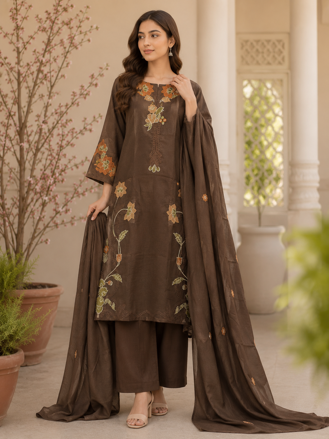 BROWN CUTWORK COTTON PLAZZO SUIT