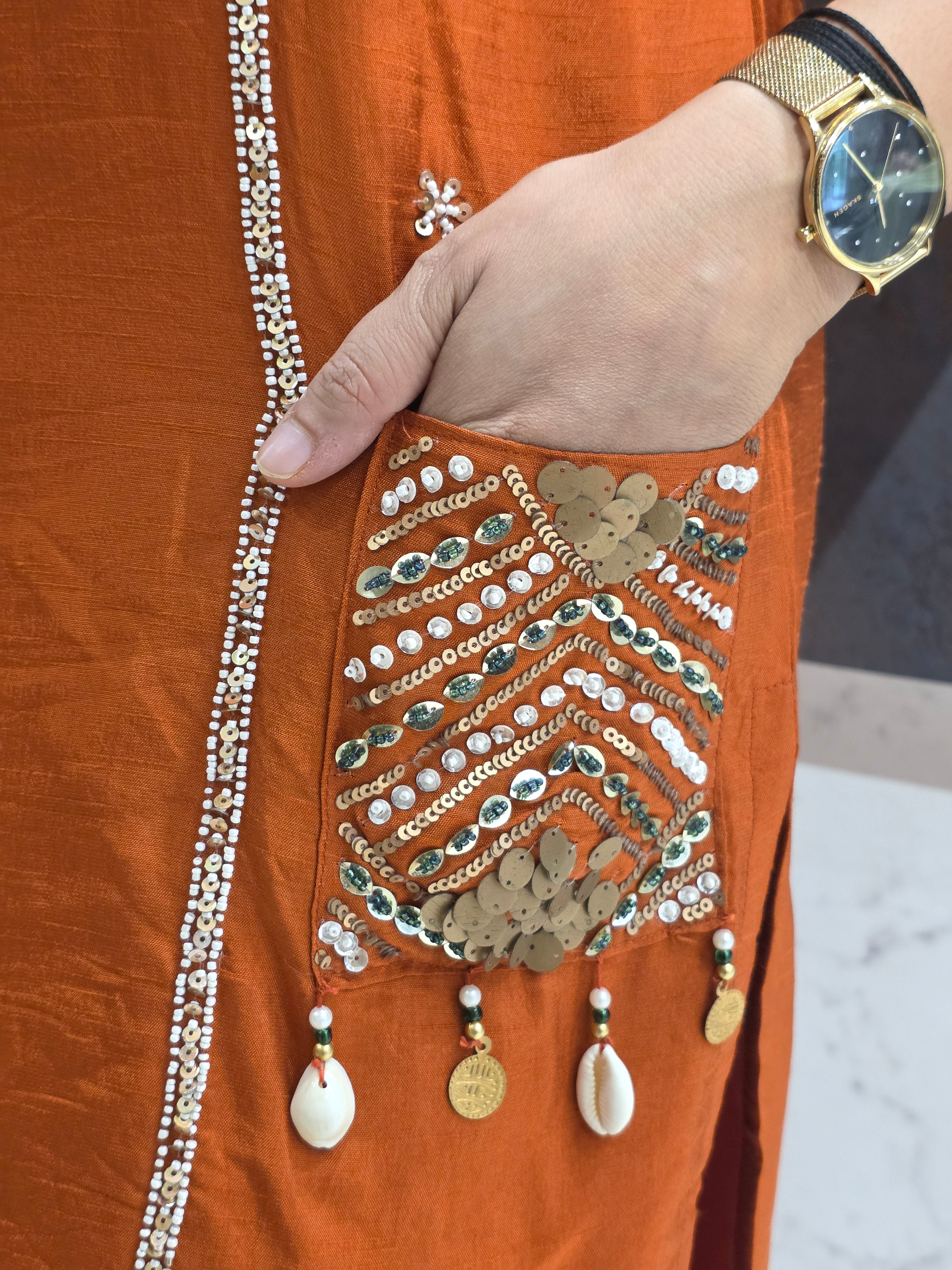 RUST PARTYWEAR PLAZZO SUIT WITH SEQUIN AND BEADS WORK