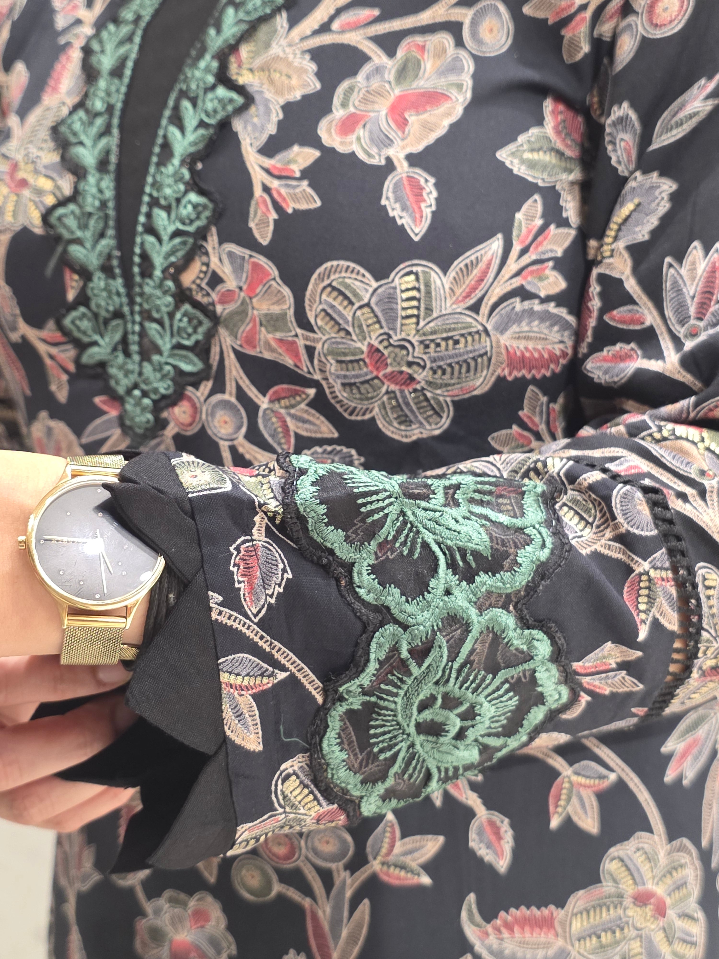 BLACK PRINT & LACEWORK LONG PAKISTANI PLAZZO SUIT