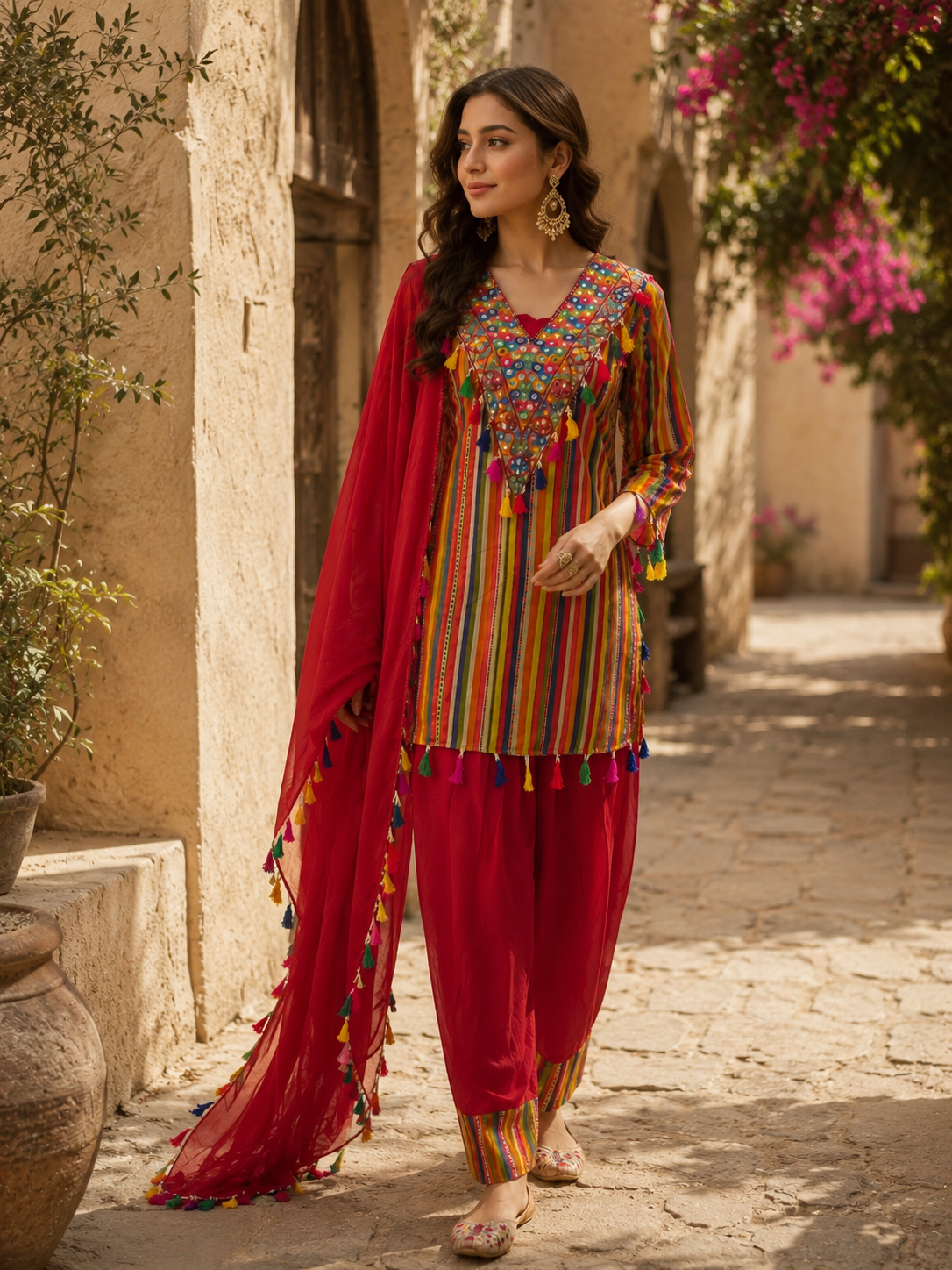 RED STRIPE AND MIRROR WORK FARSHI SALWAR SUIT