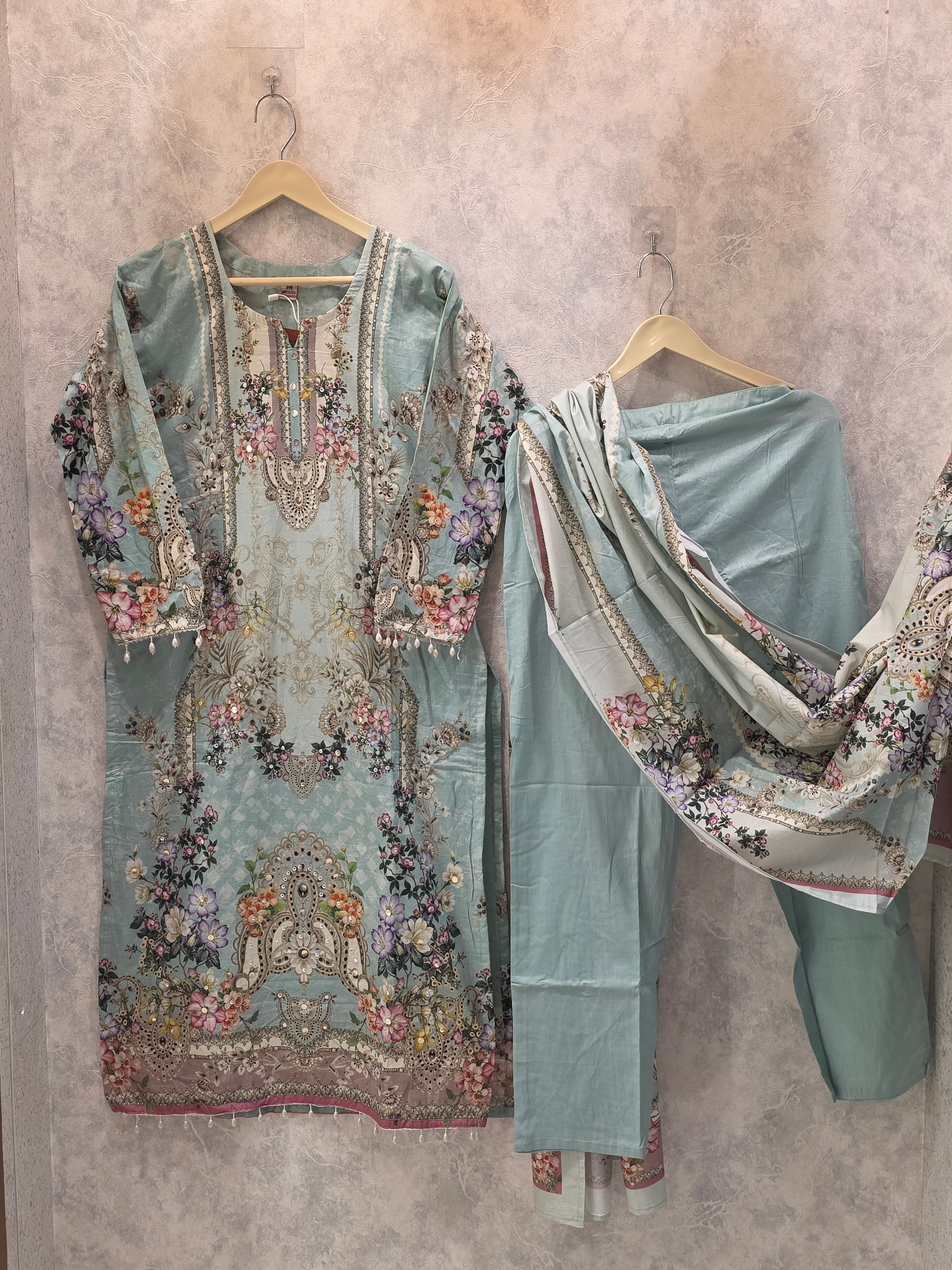 BLUE PAKISTANI PRINT EMBELLISHED PLAZZO SUIT