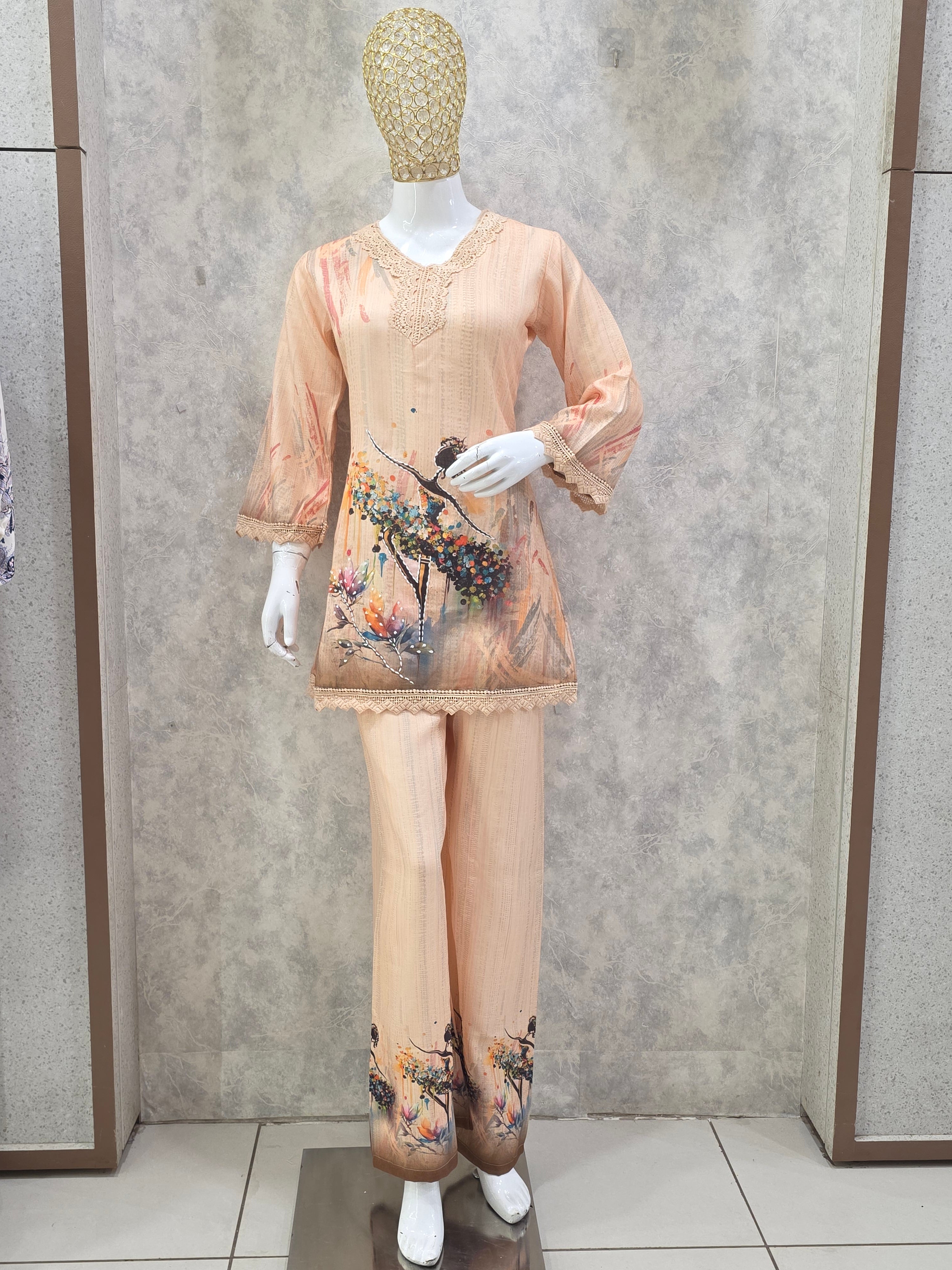 PEACH LACE WORK PLAZZO CO-ORD SET