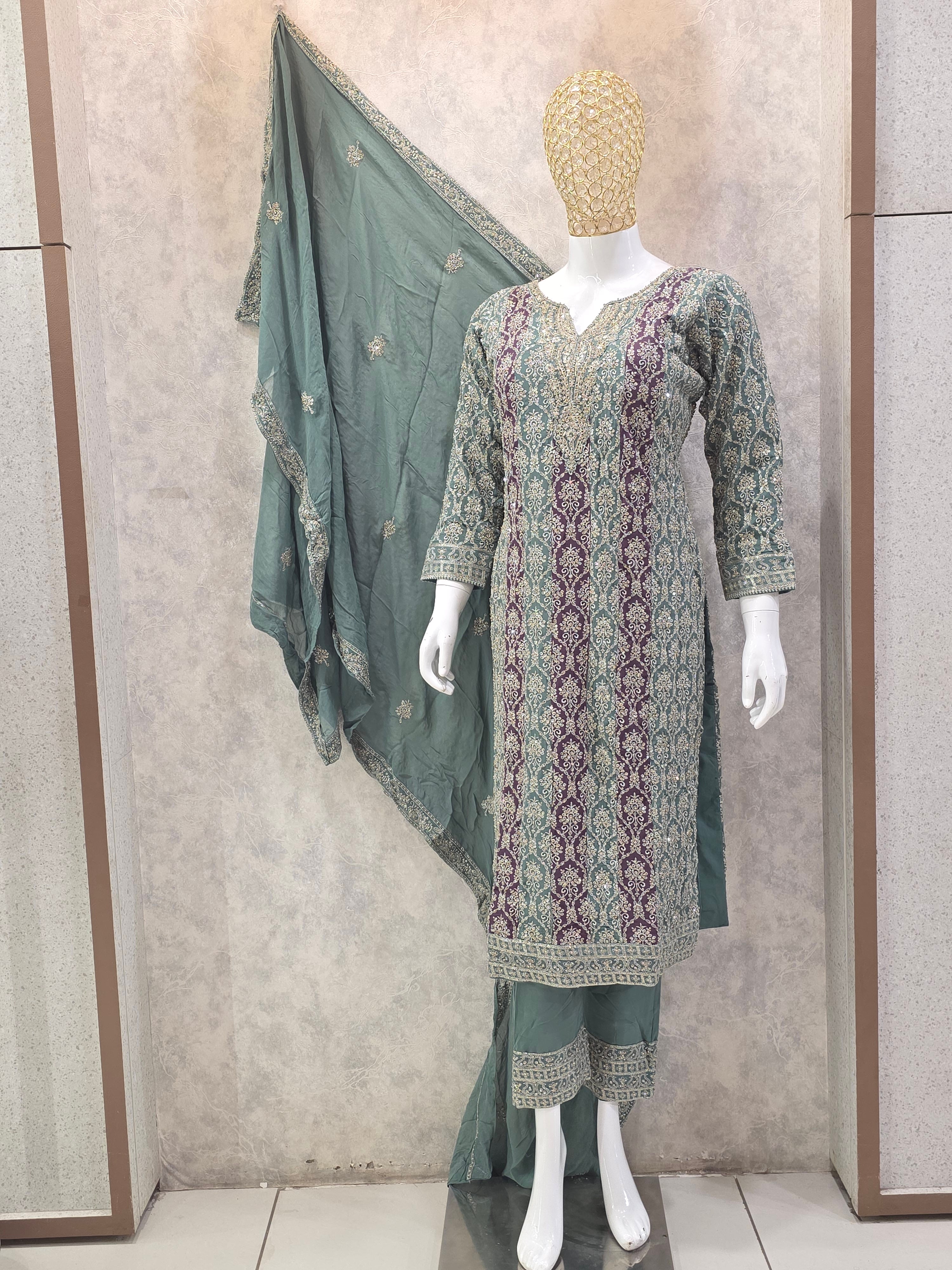 CONTRAST CONCEPT HEAVY EMBROIDERED PARTYWEAR PLAZZO SUIT