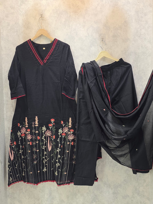 BLACK V-NECK MUL COTTON A-LINE PLAZZO SUIT