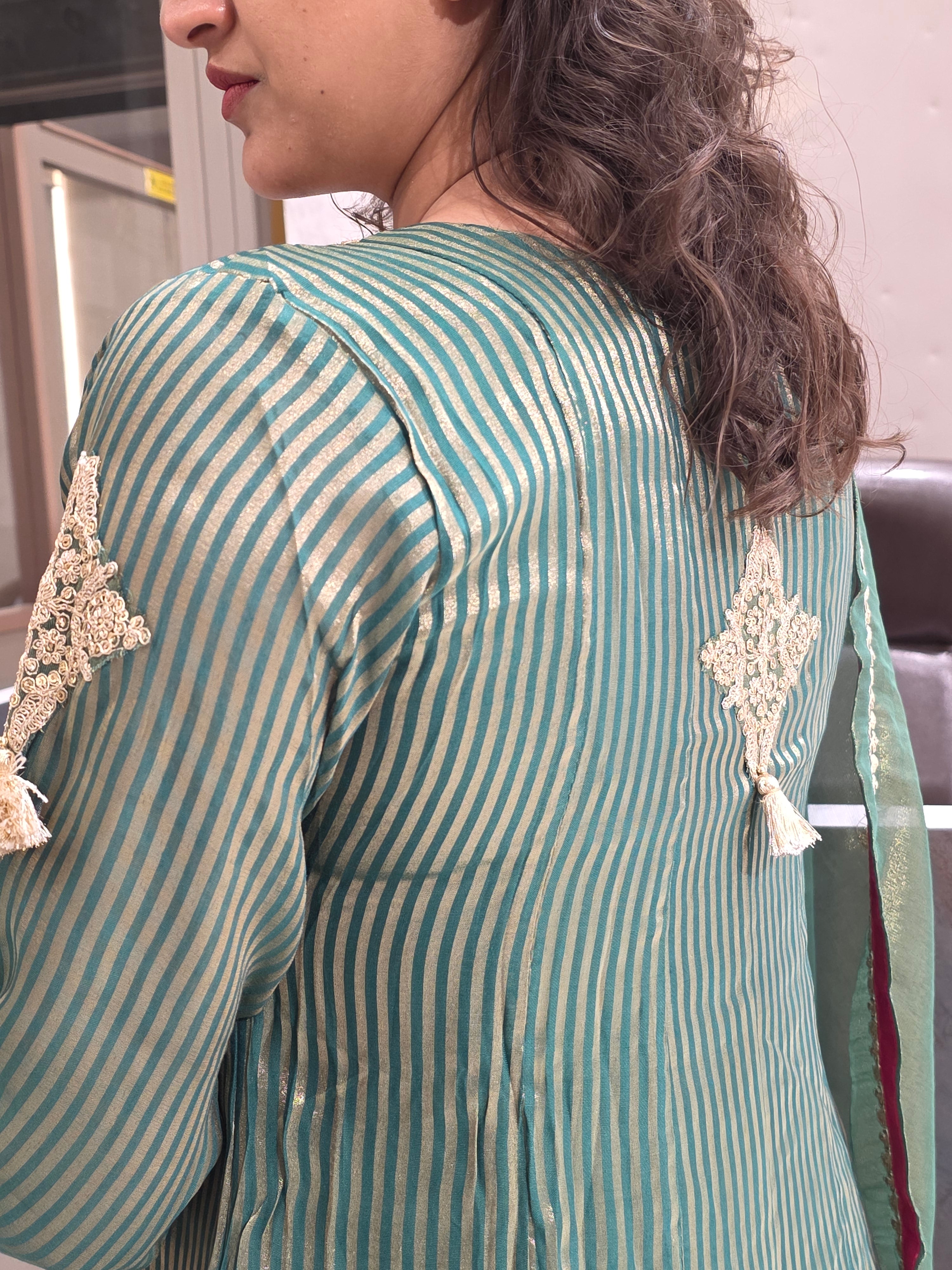 GREEN SHIMMER FROCK PARTYWEAR PLAZZO SUIT