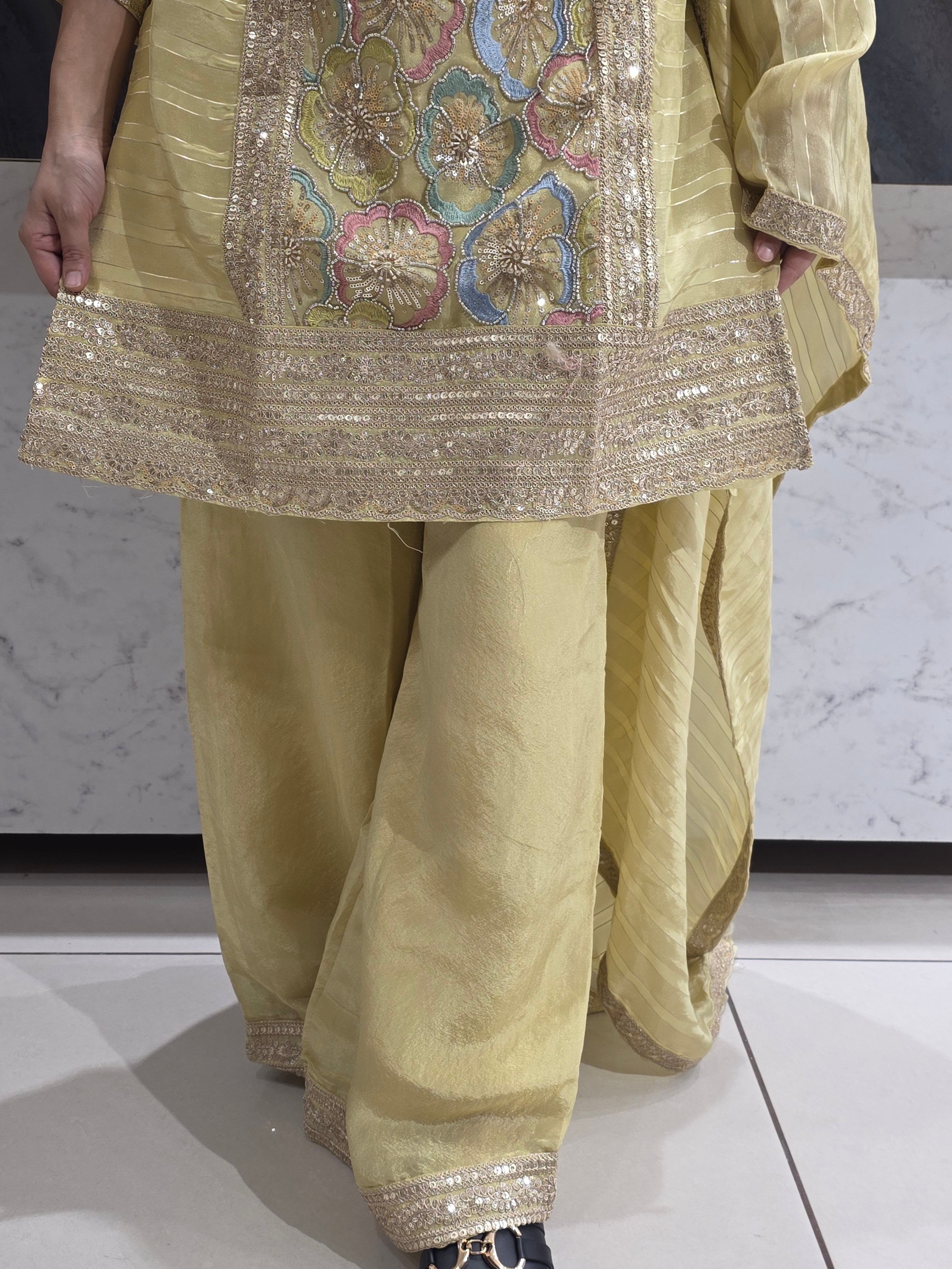 PASTEL YELLOW SHIMMER HANDWORK PARTYWEAR PLAZZO SUIT