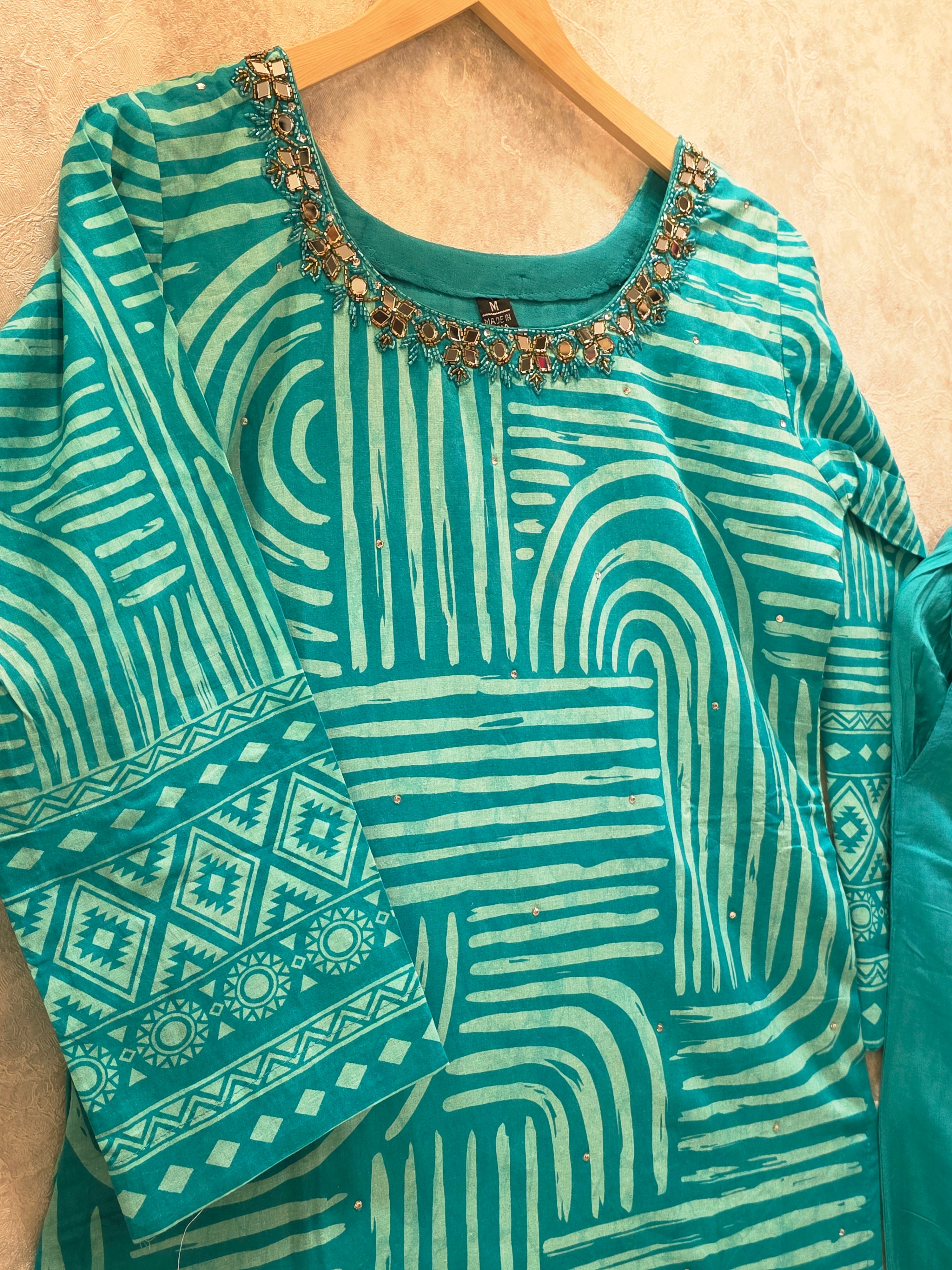 FIROZI CAMBRIC COTTON NECK WORK PLAZZO SUIT