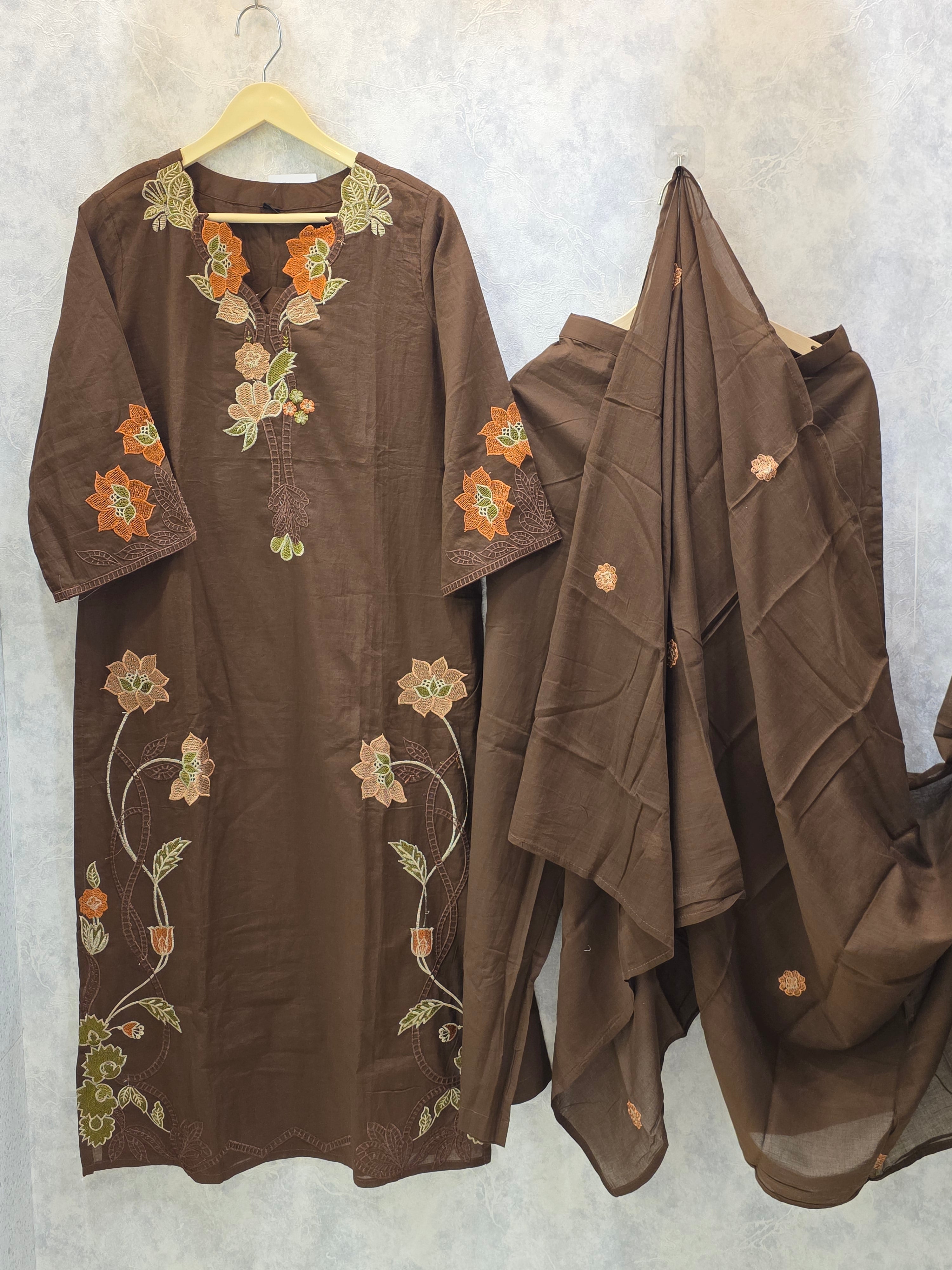 BROWN CUTWORK COTTON PLAZZO SUIT
