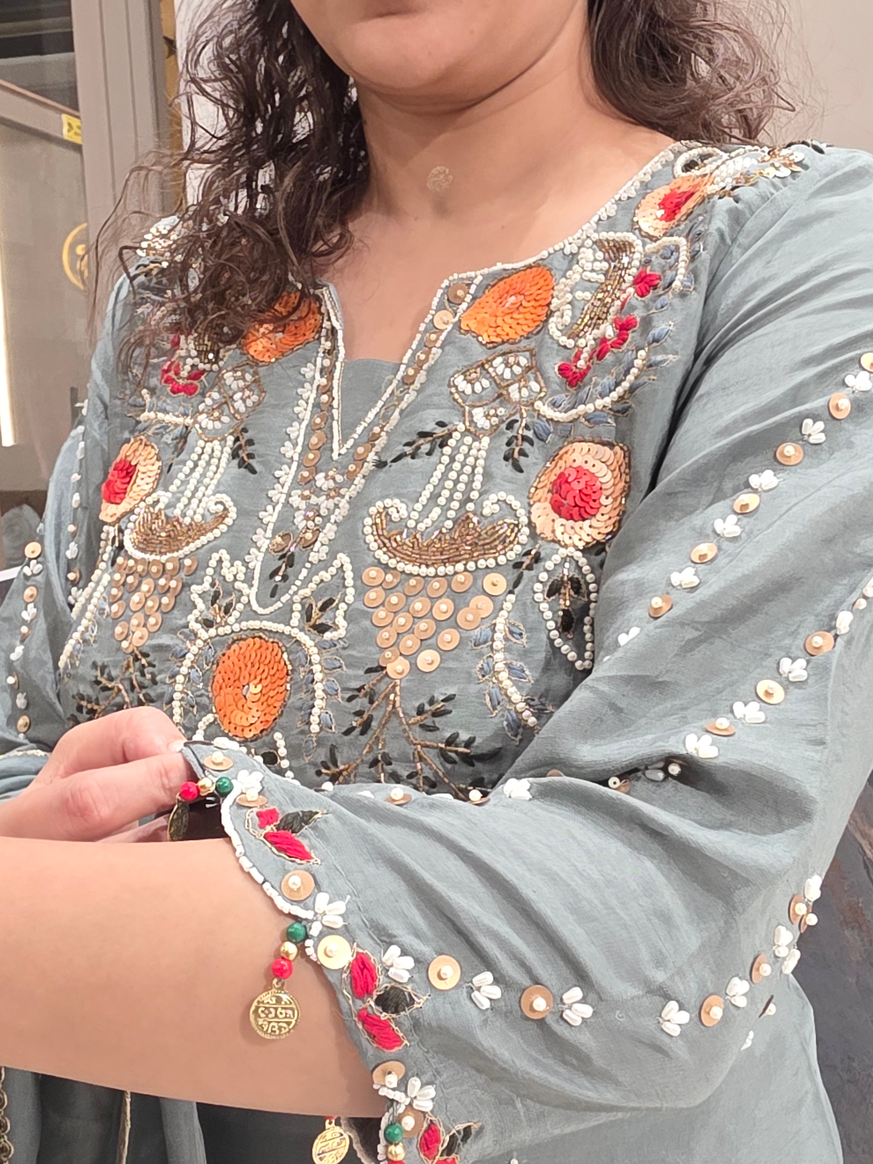 SMOKE GREY PARTYWEAR PLAZZO SUIT WITH SEQUIN AND BEADS WORK