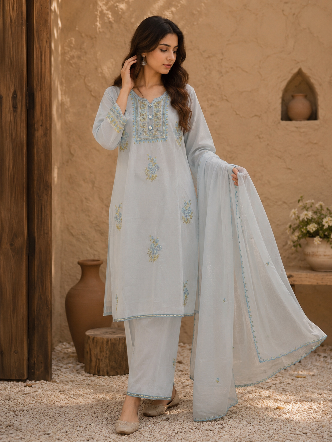 LIGHT BLUE EMBROIDERED PLAZZO SUIT