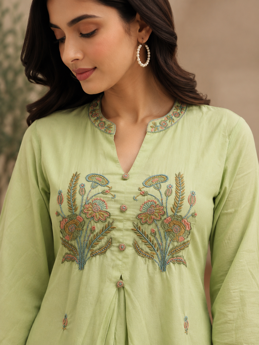 LIGHT GREEN A-LINE COTTON SUIT WITH CUTWORK