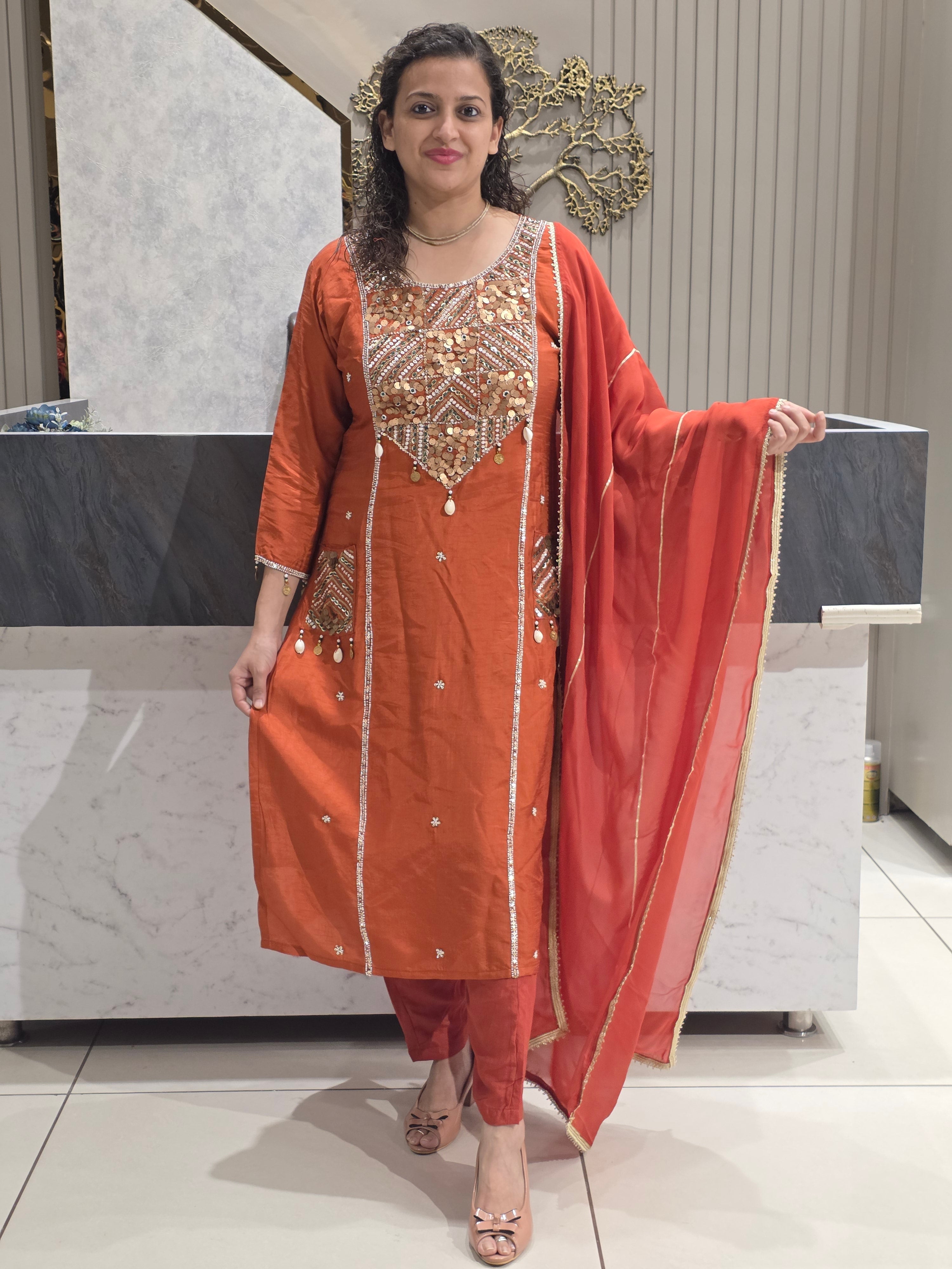 RUST PARTYWEAR PLAZZO SUIT WITH SEQUIN AND BEADS WORK