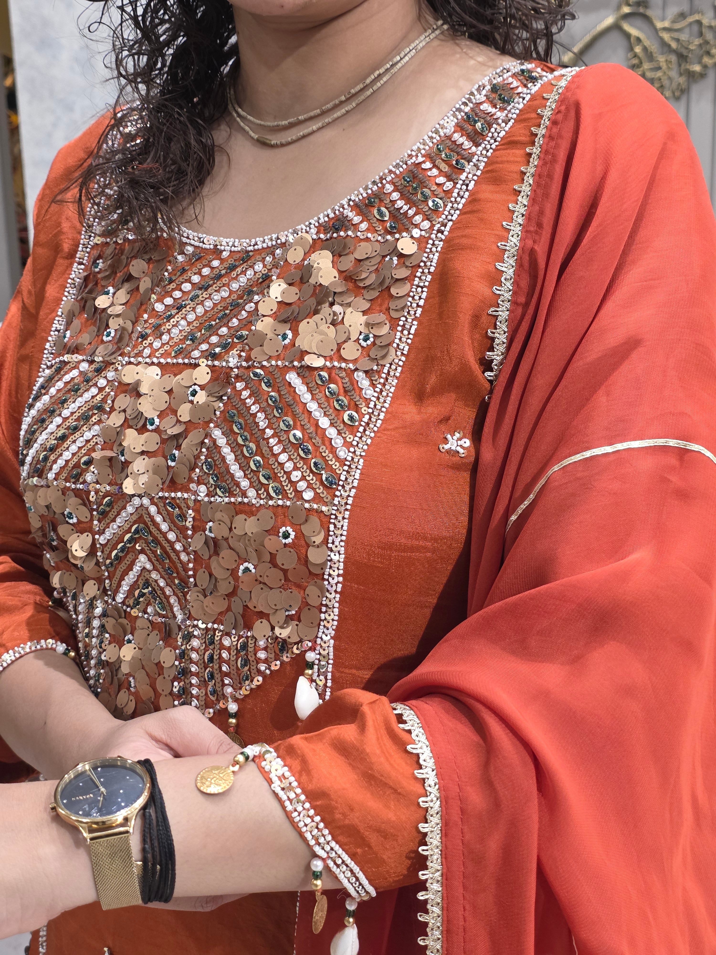 RUST PARTYWEAR PLAZZO SUIT WITH SEQUIN AND BEADS WORK