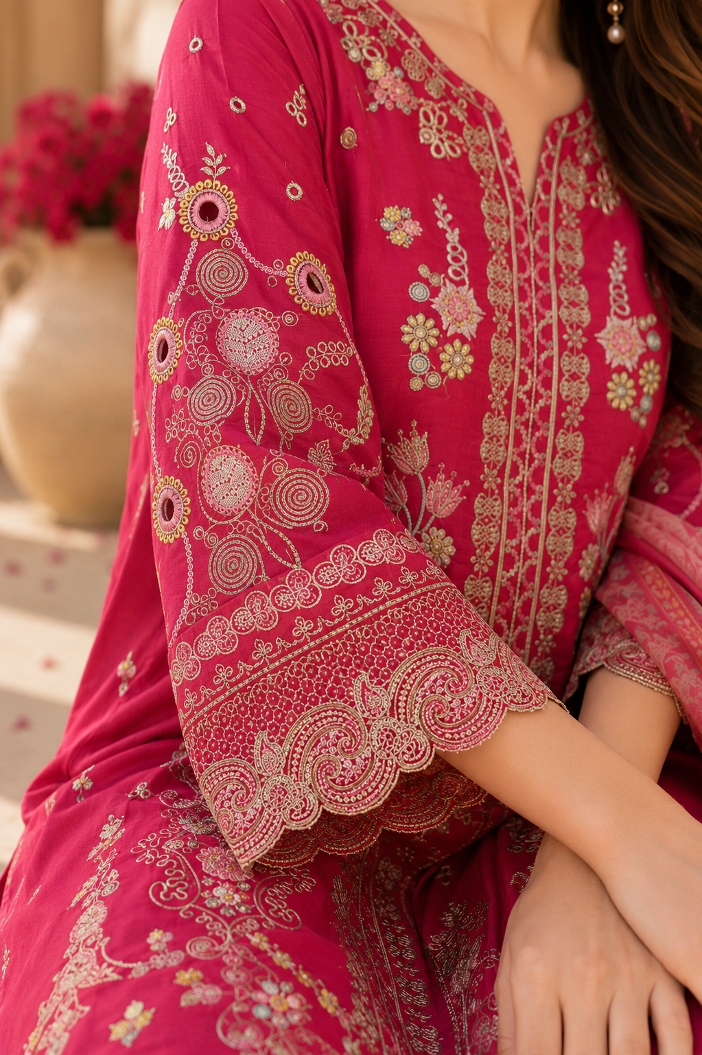 MAGENTA HEAVY THREAD WORK PARTYWEAR COTTON PLAZZO SUIT