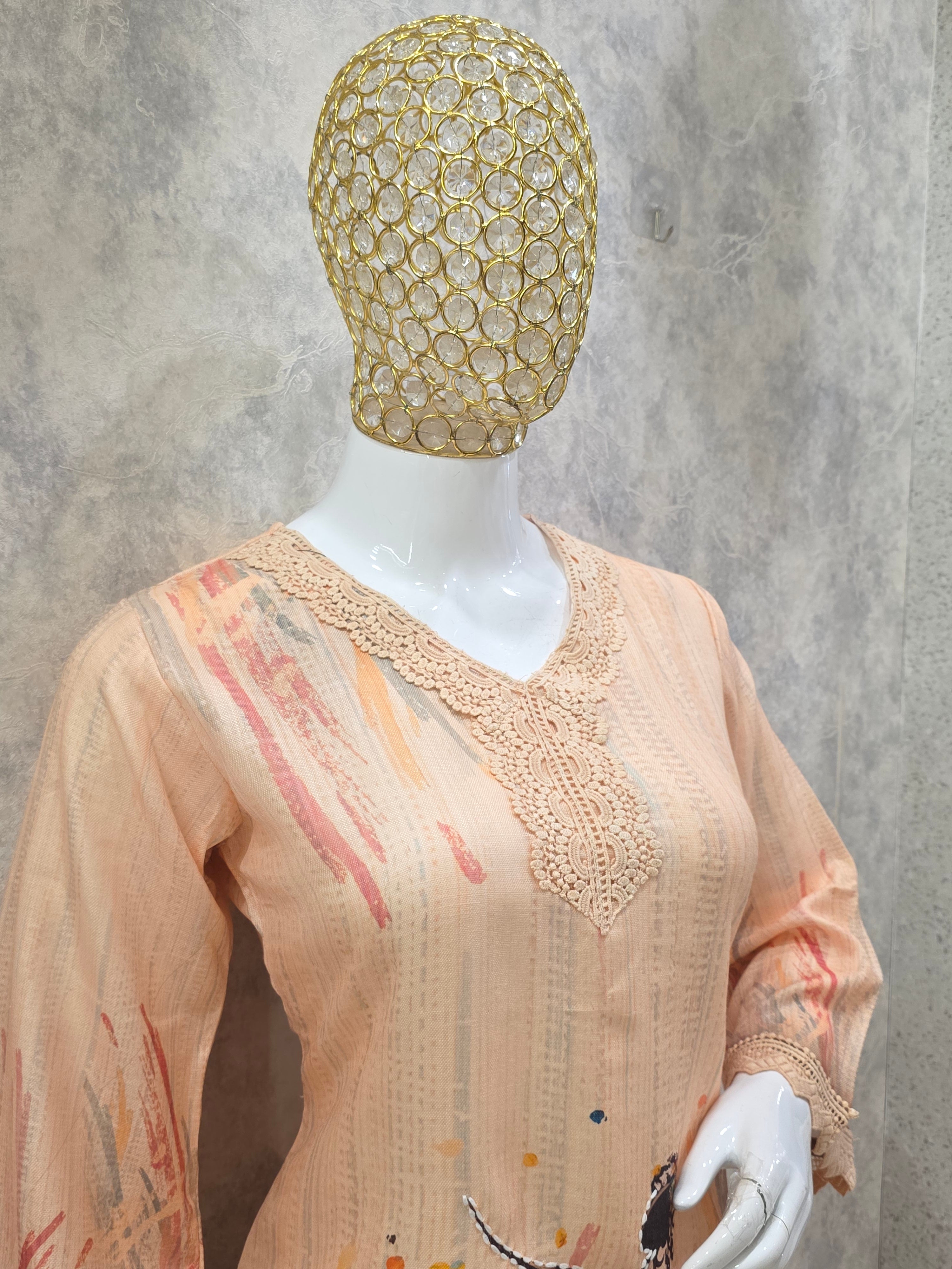 PEACH LACE WORK PLAZZO CO-ORD SET