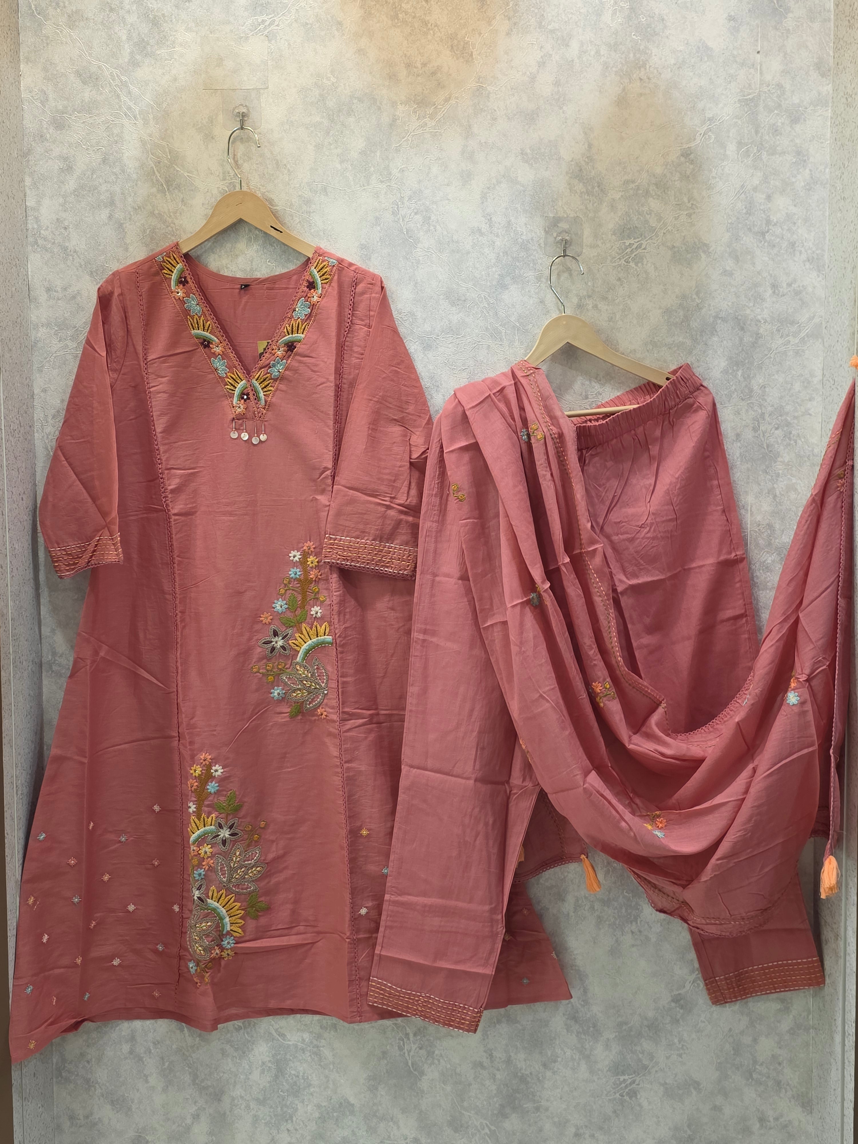 ROSE PINK A-LINE KNOTS WORK PLAZZO SUIT