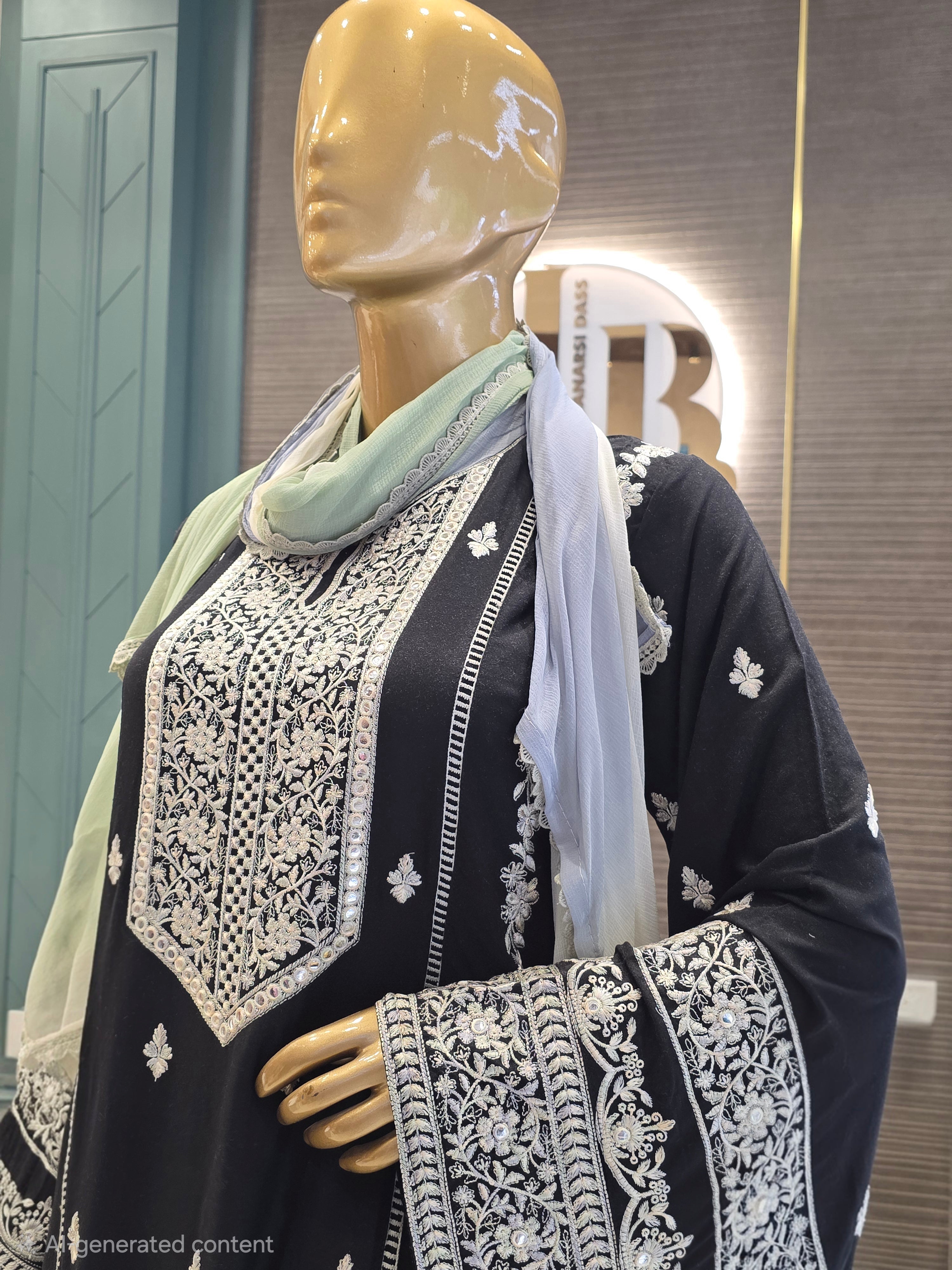 BLACK HEAVY EMBROIDERY PLAZZO SUIT