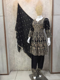 BLACK EMBROIDERED SHORT FROCK PARTYWEAR SUIT