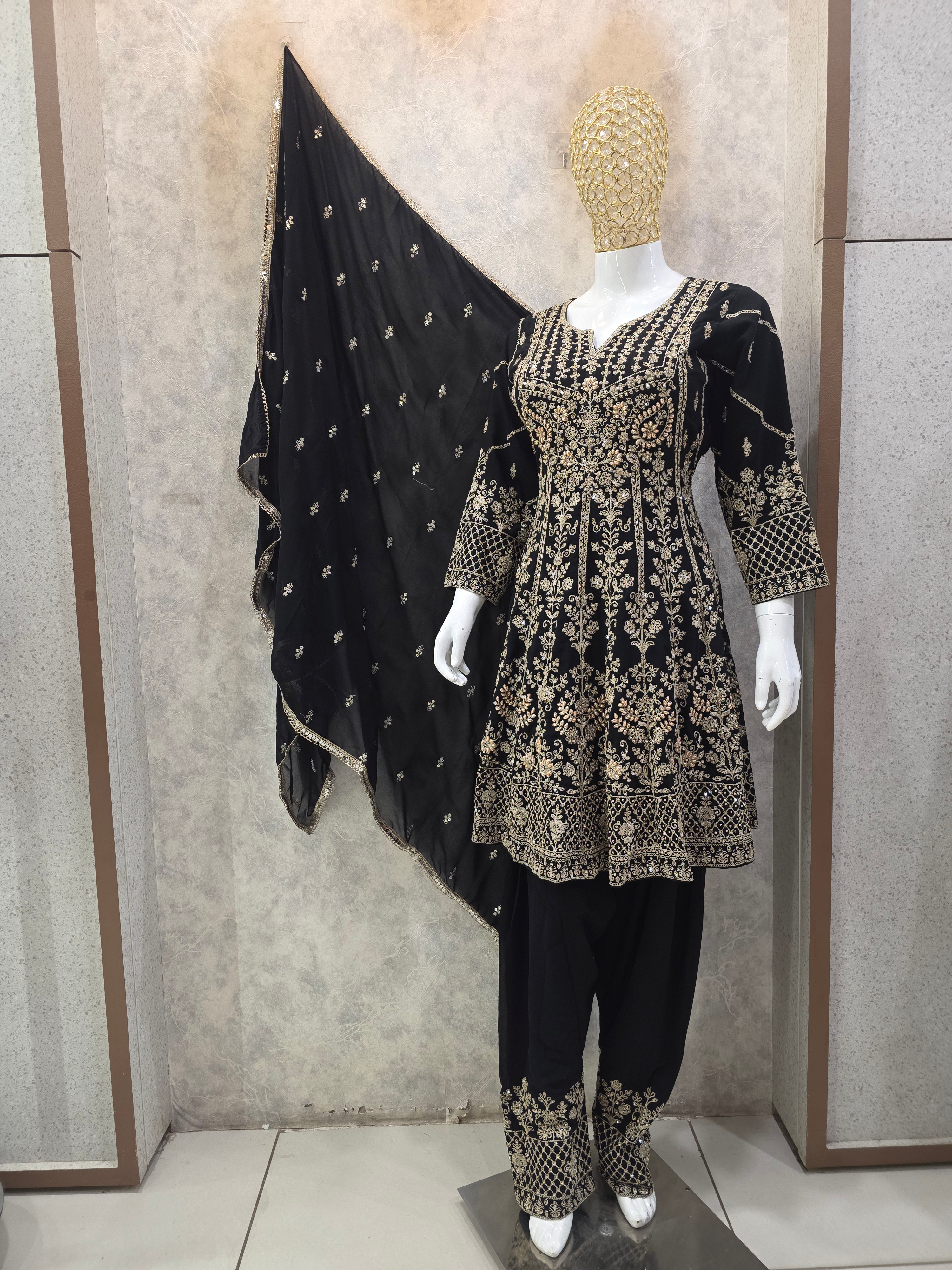 BLACK EMBROIDERED SHORT FROCK PARTYWEAR SUIT