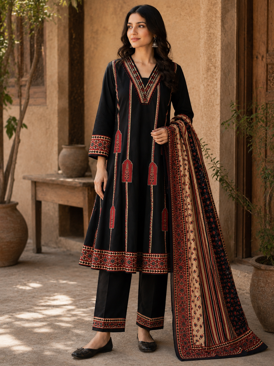 BLACK ANARKALI PATCHWORK PLAZZO SUIT