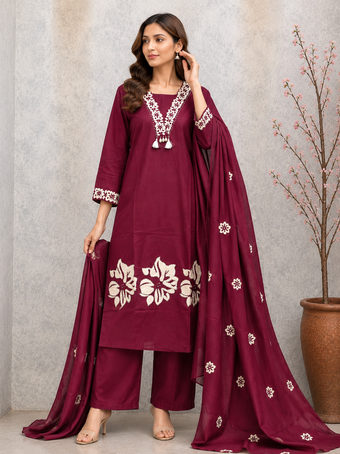 WINE CUTWORK CONTRAST CONCEPT PLAZZO SUIT
