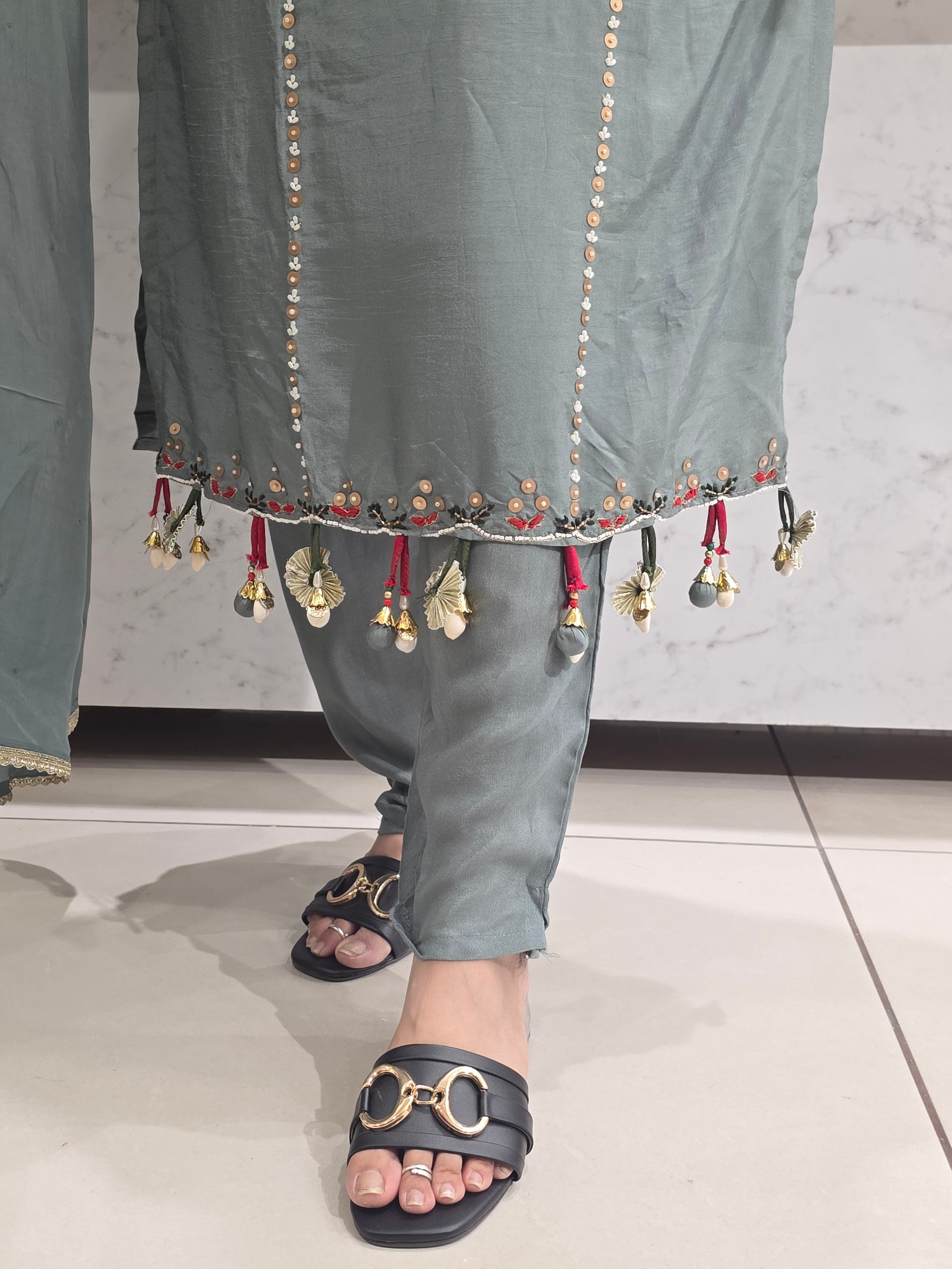 SMOKE GREY PARTYWEAR PLAZZO SUIT WITH SEQUIN AND BEADS WORK