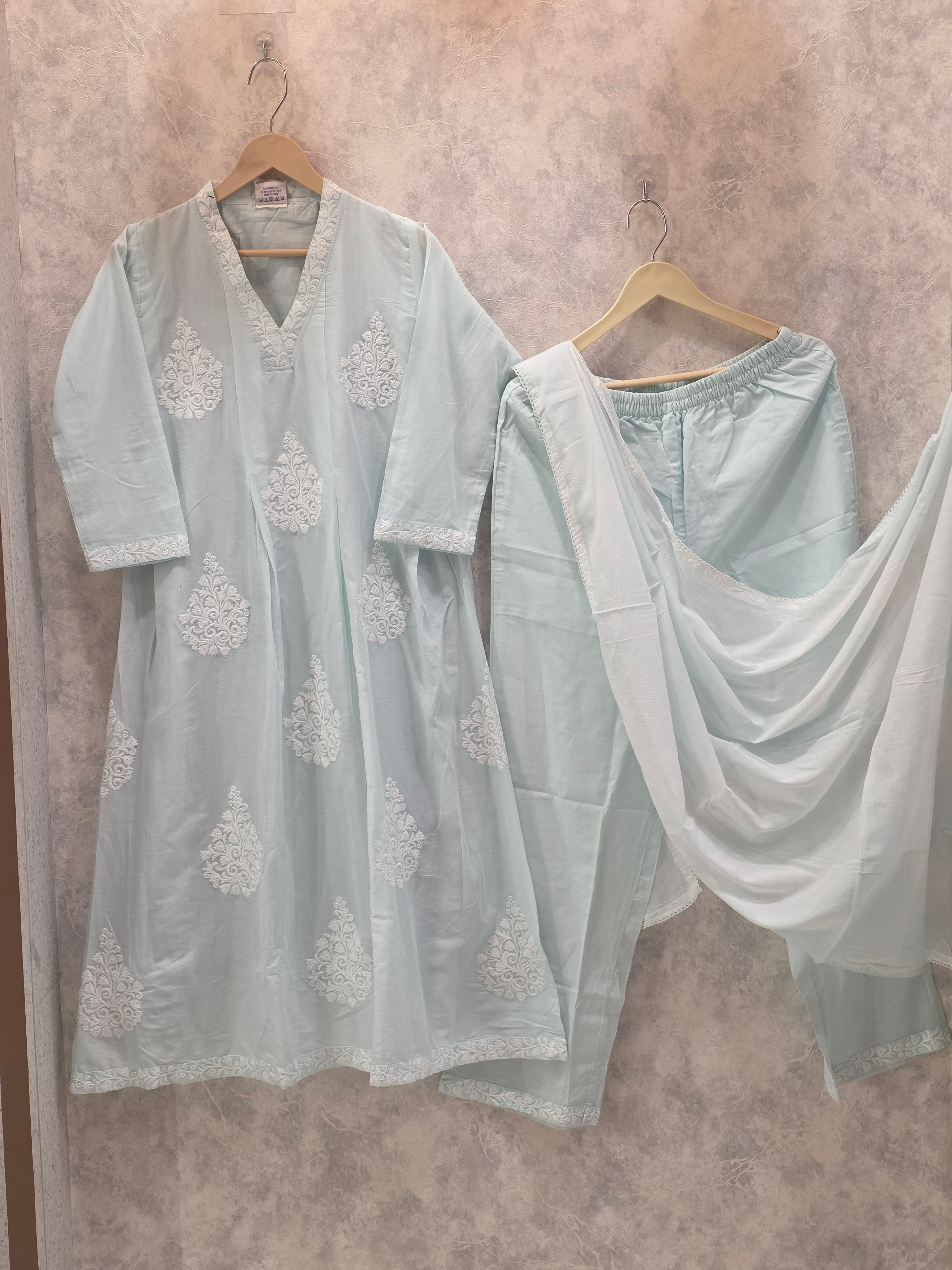 LIGHT SEA GREEN CHIKANKAARI FROCK PLAZZO SUIT