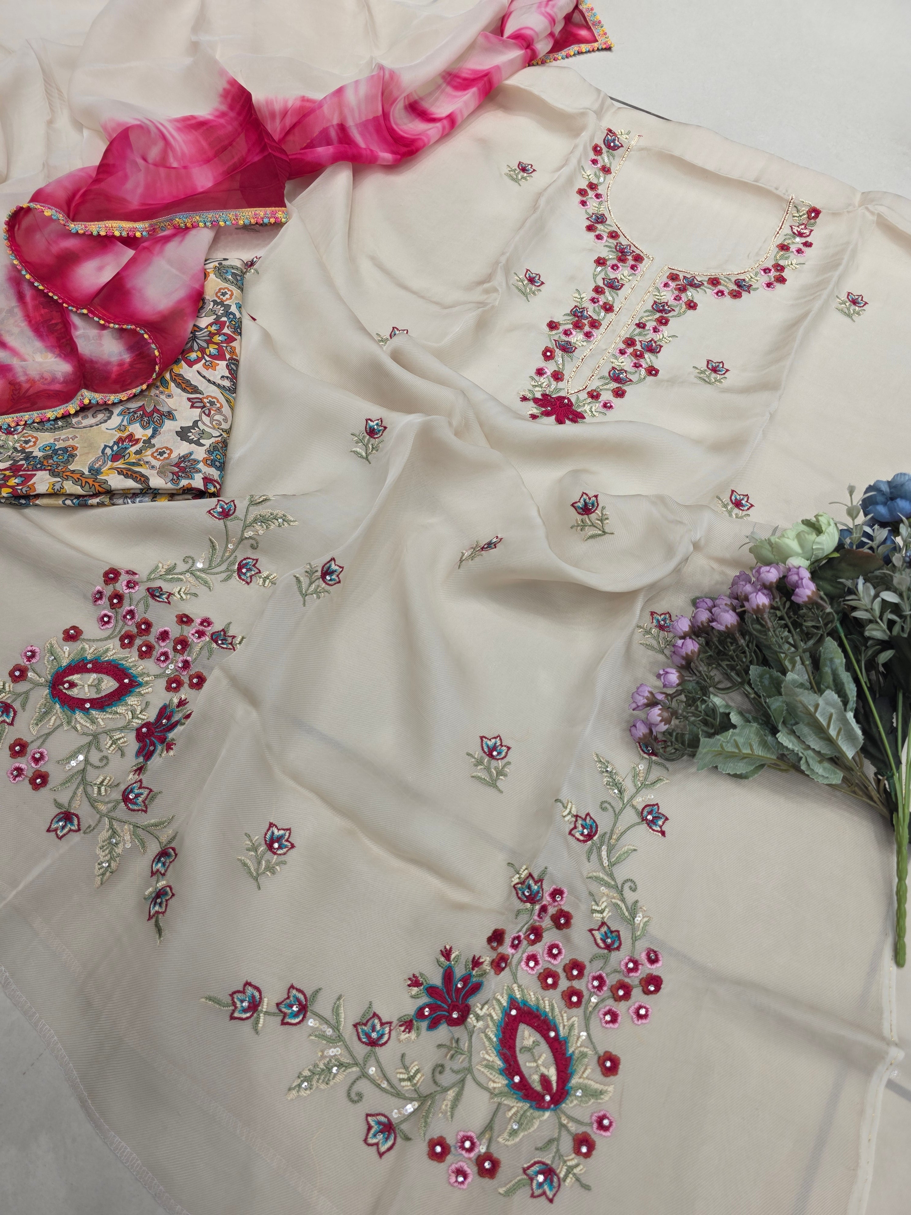 BEIGE TWILL THREADWORK UNSTITCHED SUIT