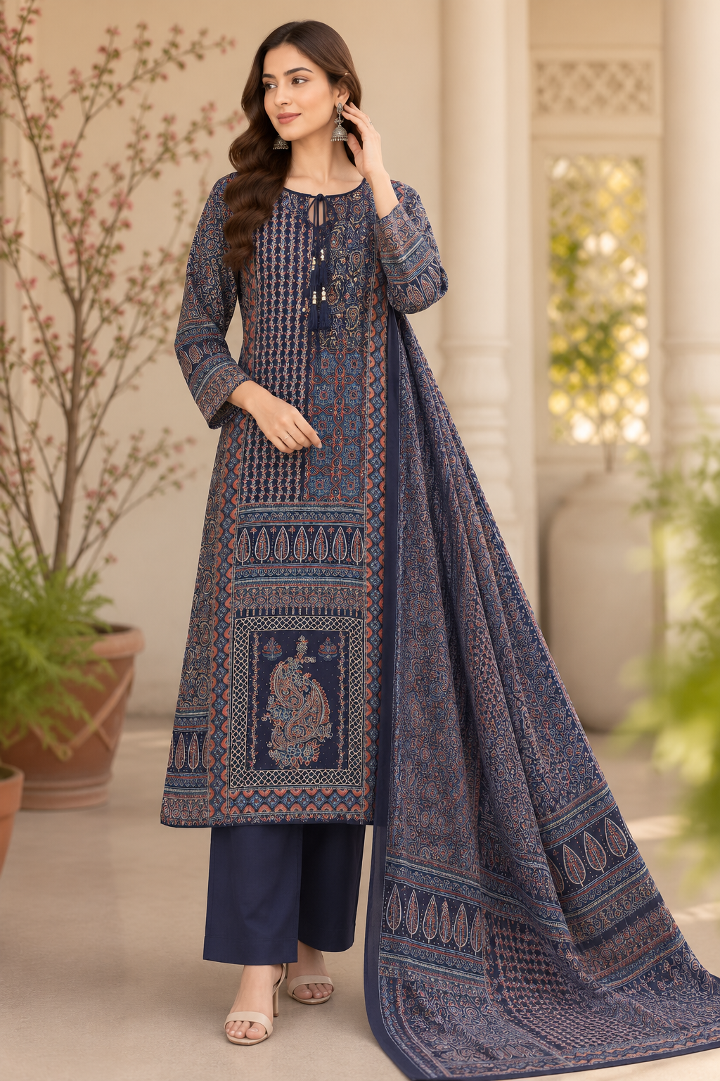 NAVY PRINTED MUSLIN PLAZZO SUIT