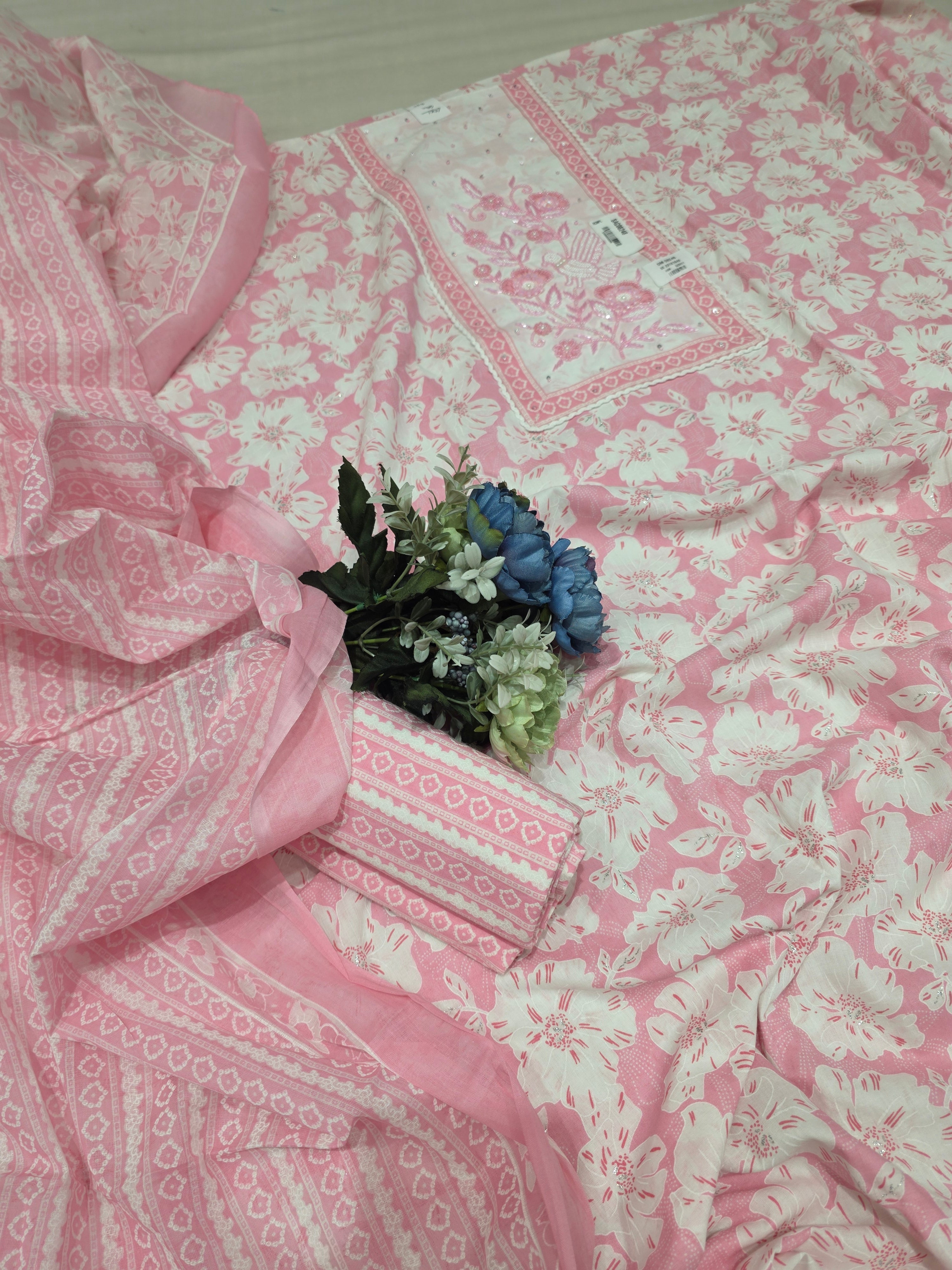 SOFT MANDI COTTON PRINTED BEADS WORK UNSTITCHED SUIT