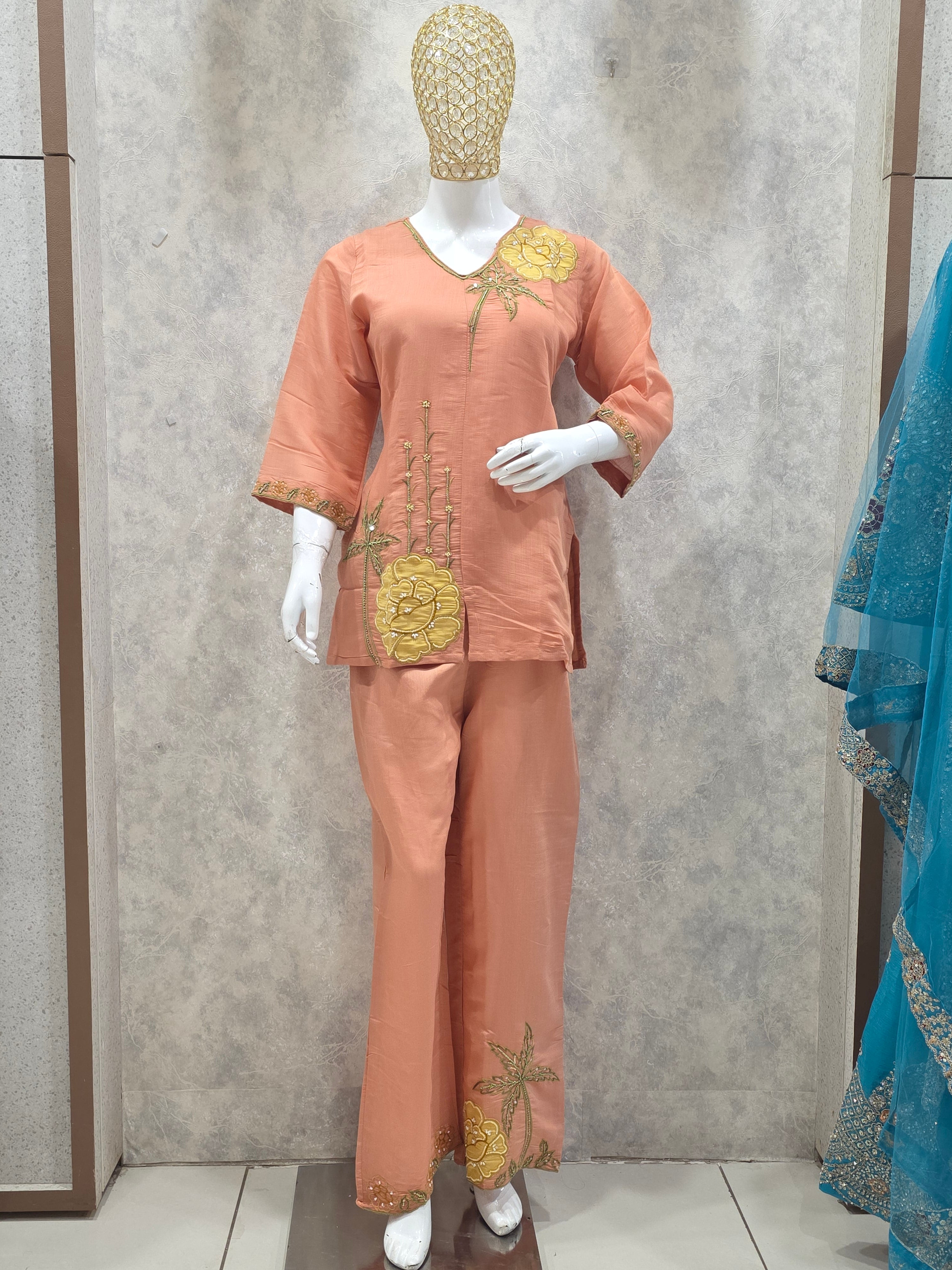 MUL CHANDERI HANDWORK PLAZZO CO-ORD SET