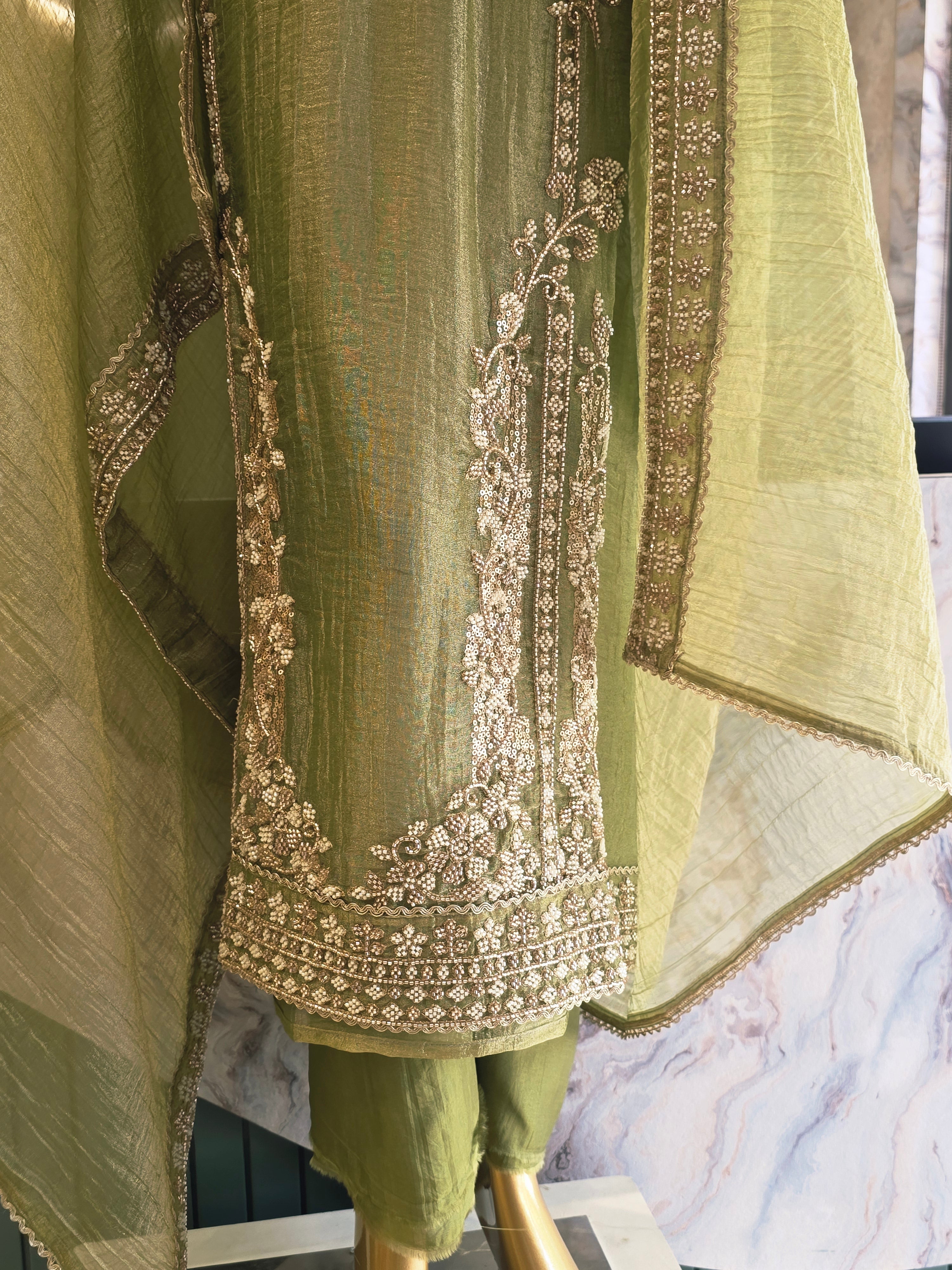 Crush Shimmer Heavy Handwork Unstitched Suit