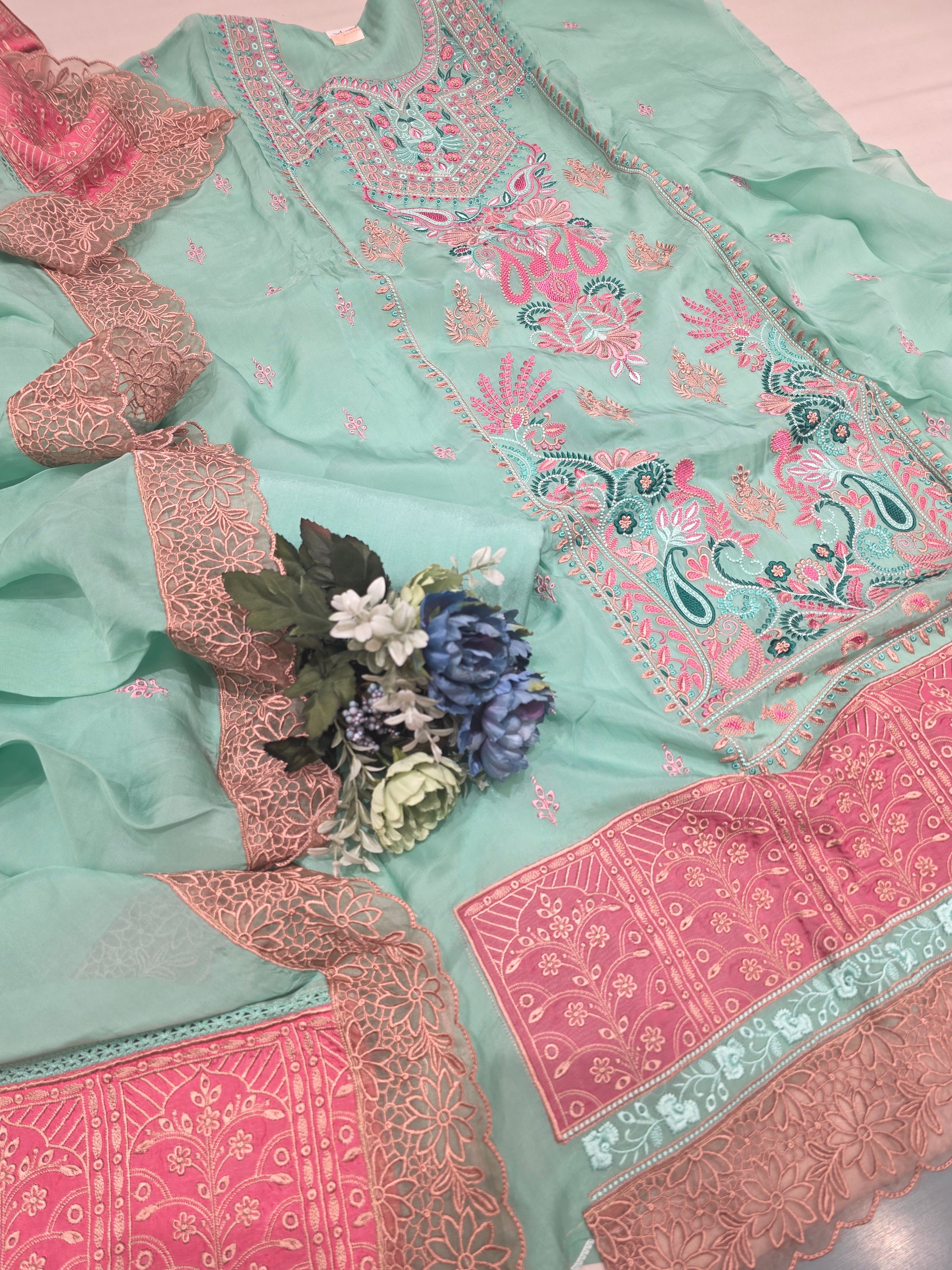 Organza Threadwork Unstitched Suit