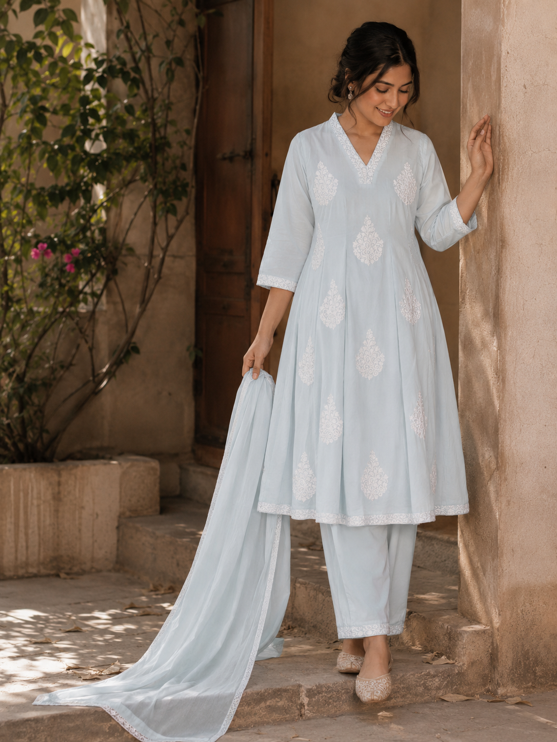 LIGHT SEA GREEN CHIKANKAARI FROCK PLAZZO SUIT