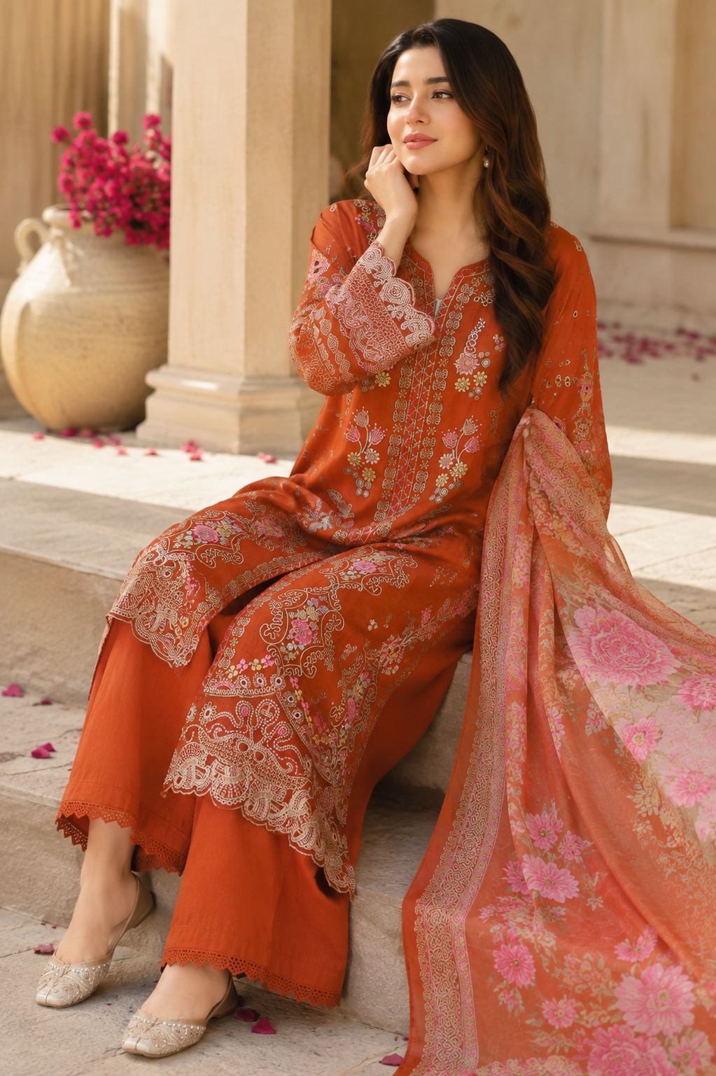RUST HEAVY THREAD WORK PARTYWEAR PLAZZO SUIT